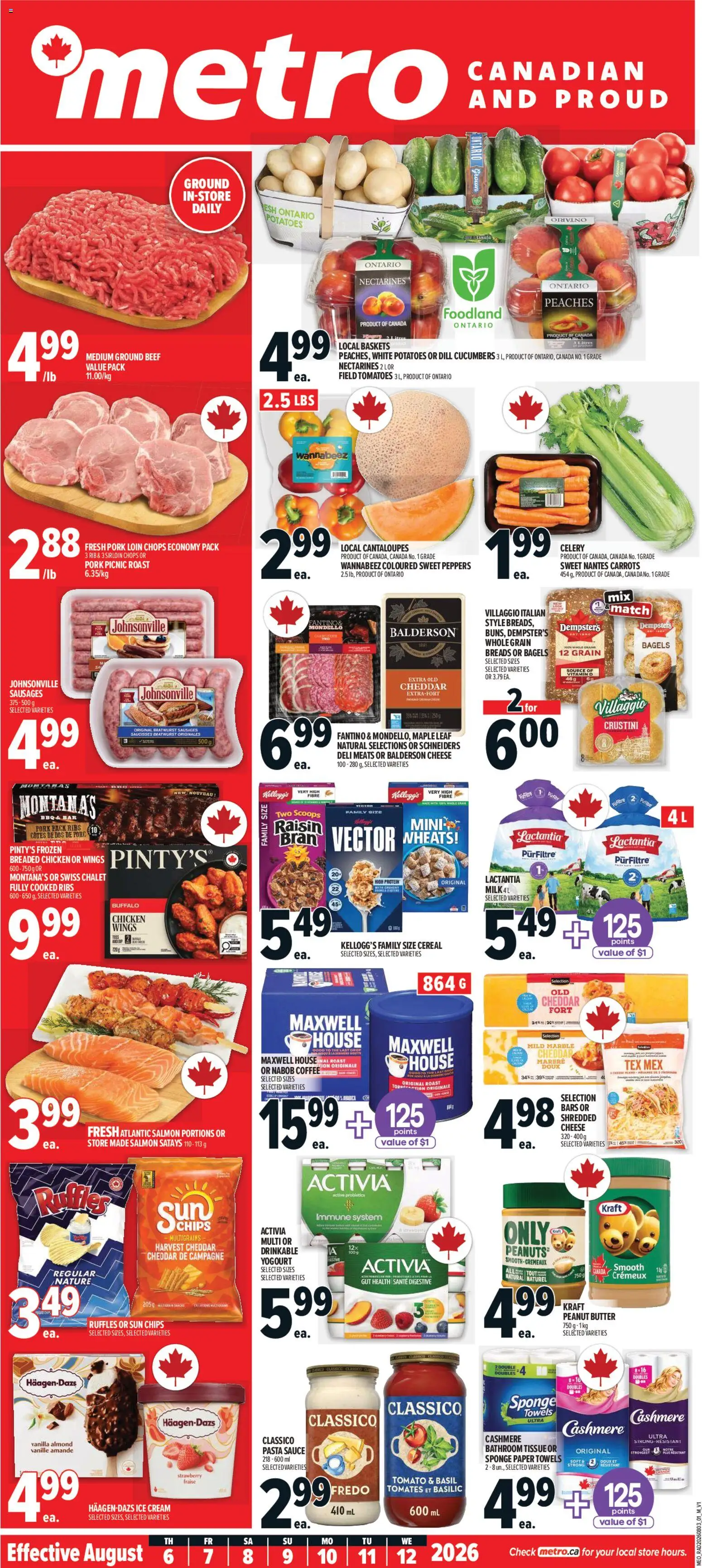 Preview of leaflet Metro weekly flyer / circulaire from shop Metro is valid from Aug 06, 2026 - Ice cream, Chicken, Cucumbers, Vanilla, Ground beef, Towels, Pork loin, Cheddar