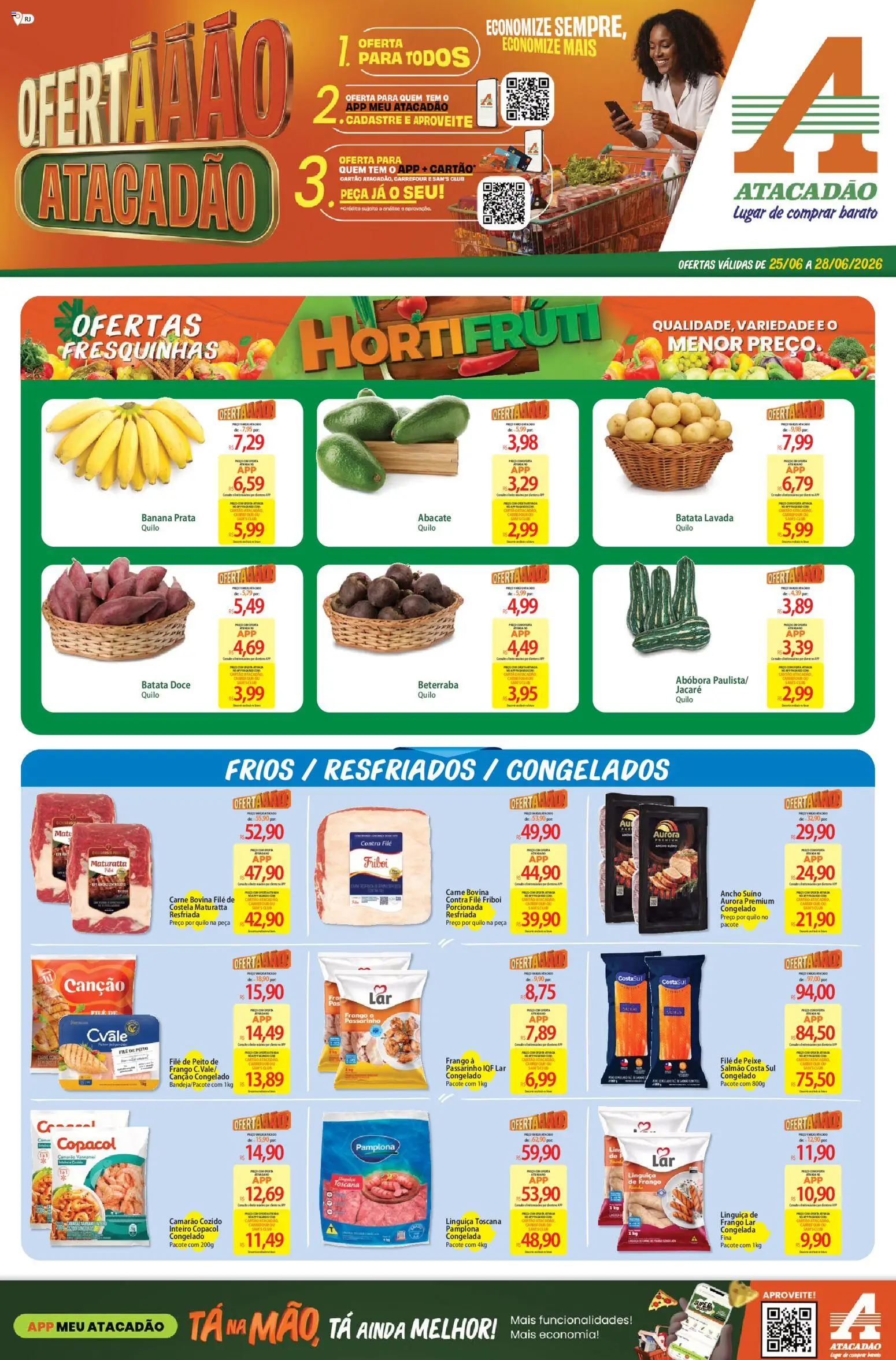 Pré-Visualização do folheto "Atacadão ofertas - RJ" da loja Atacadão válido a partir de 25/06/2026 - Camarão, Abóbora, Carne, Doce, Batata, Frango, Abacate, Salmão