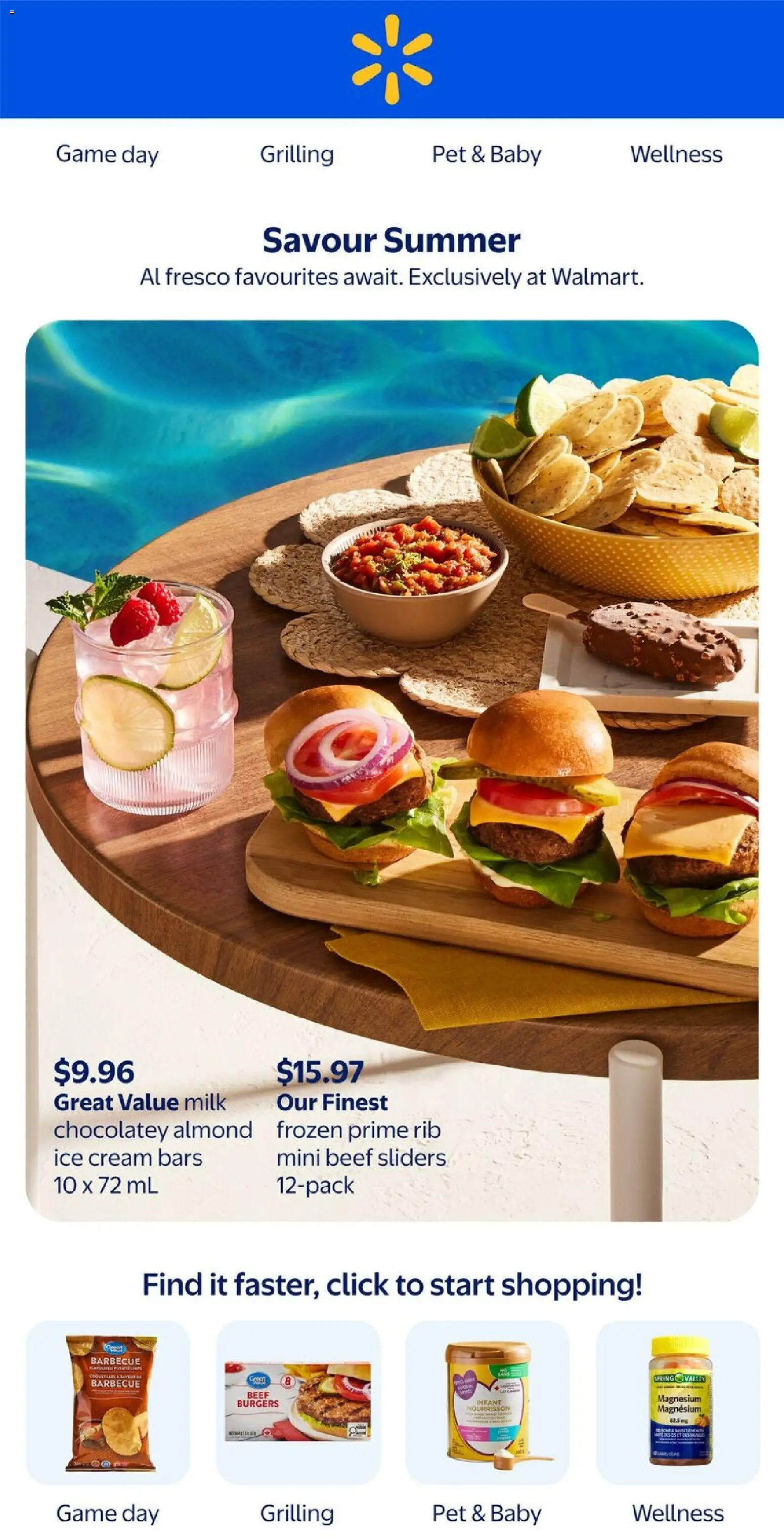 Preview of leaflet Walmart flyer - Savour Summer from shop Walmart is valid from Jul 02, 2026 - Ice cream, Game, Burgers, Ice, Milk, Beef, Cream