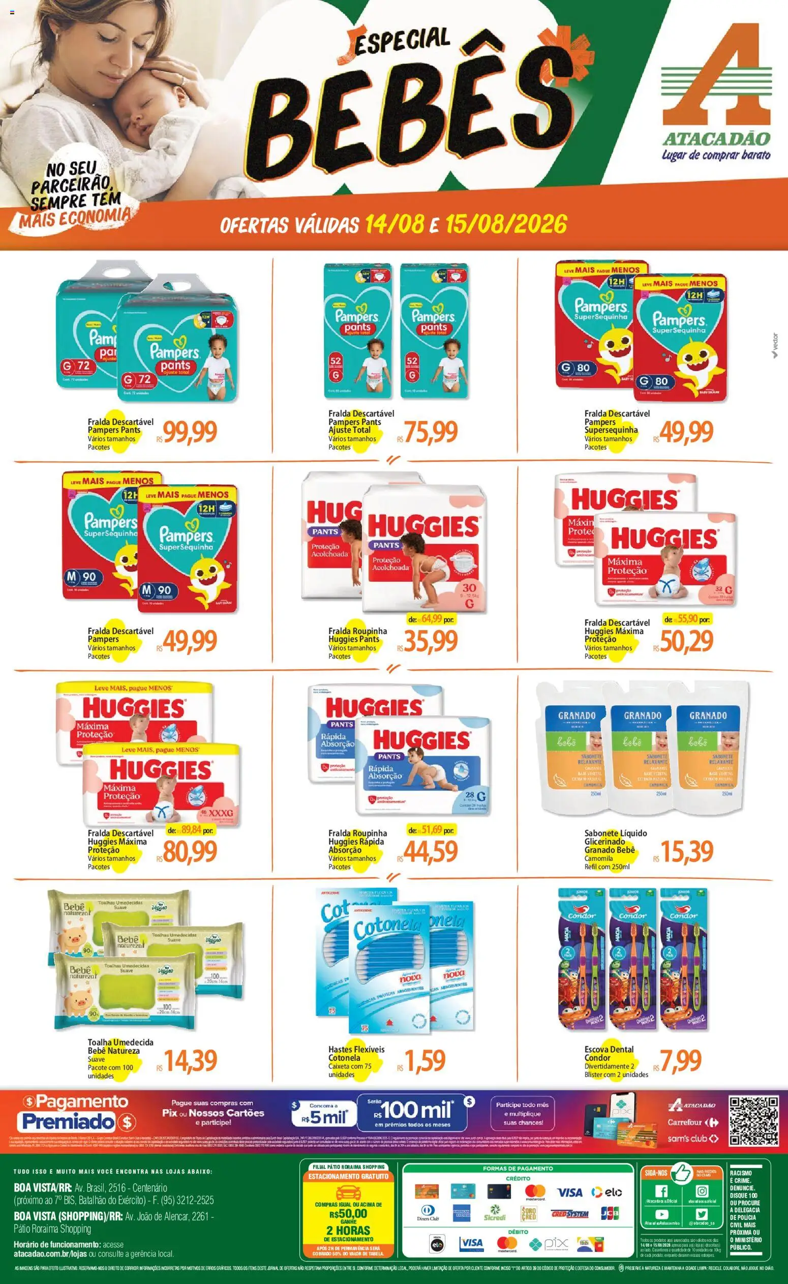 Pré-Visualização do folheto "Atacadão ofertas - RR" da loja Atacadão válido a partir de 14/08/2026 - Sabonete, Sabonete líquido, Pampers, Escova, Toalha umedecida