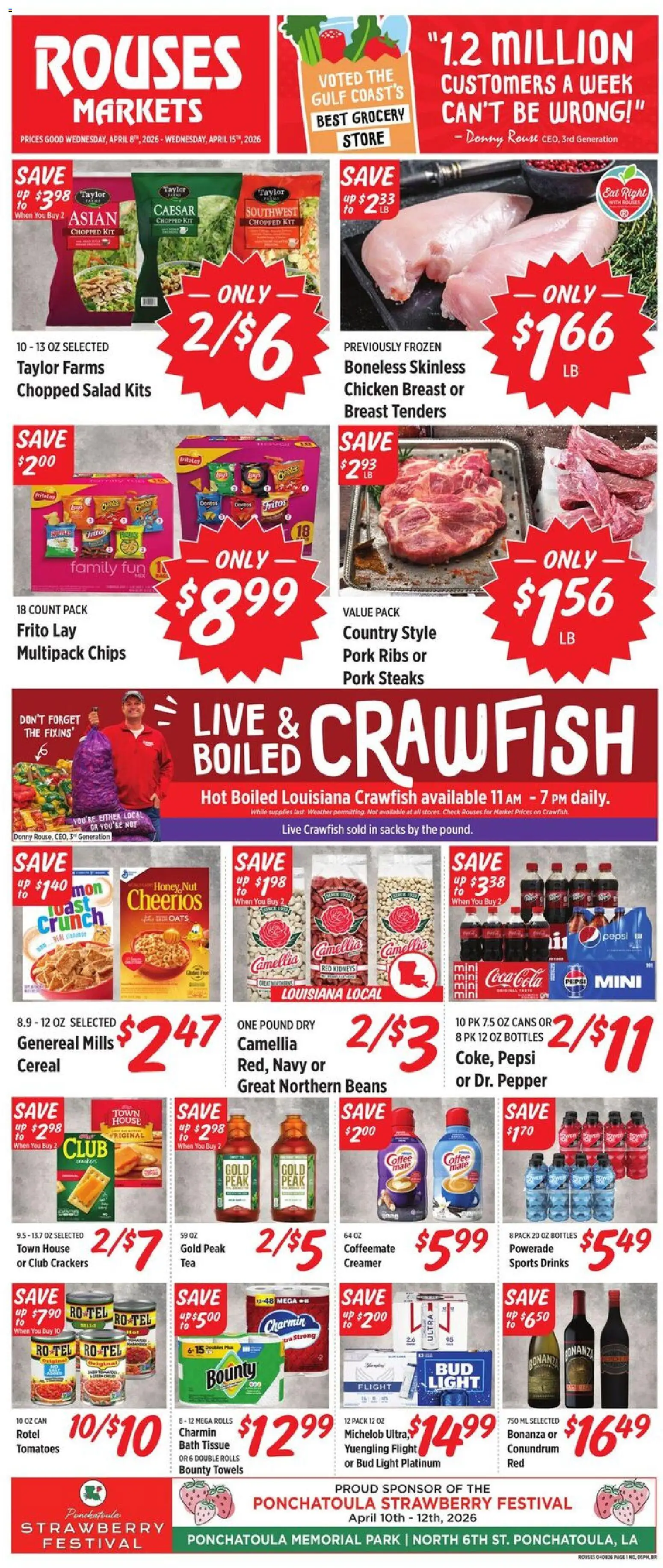 Ad Preview of Rouses Rouses Weekly Ad from 04/08/2026 - Salad, Chips, Honey, Cereal, Beans, Bath, Pork ribs, Chicken