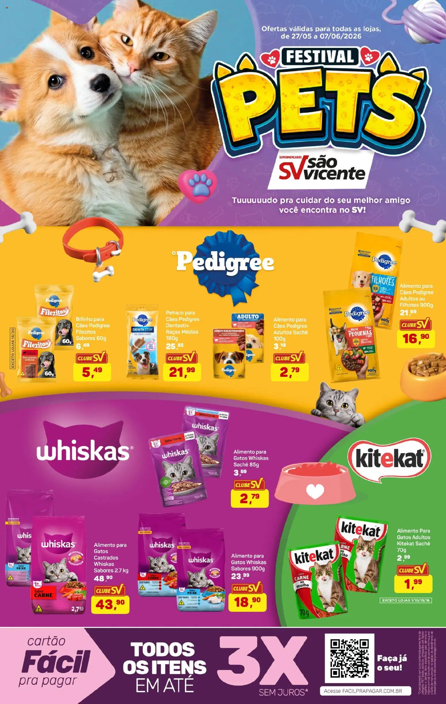 Pré-Visualização do folheto "Supermercados São Vicente ofertas Pets" da loja Supermercados São Vicente válido a partir de 27/05/2026 - Brinquedos, Peixe, Tapete, Carne, Creme, Salsa, Faca