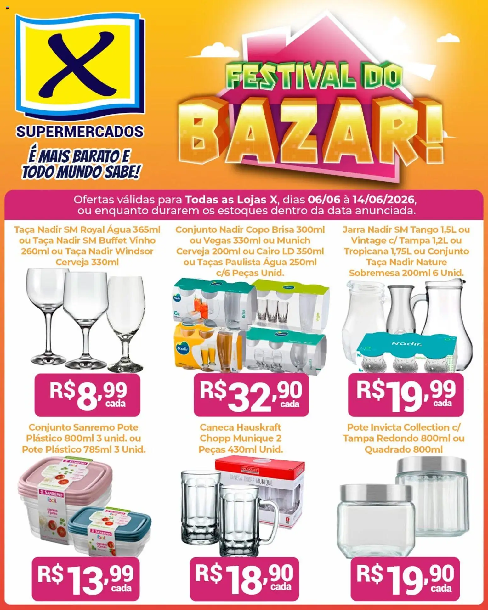 Pré-Visualização do folheto "X Supermercados ofertas Festival do Bazar" da loja X Supermercados válido a partir de 06/06/2026 - Cerveja, Água, Vinho, Sobremesa, Caneca, Taças, Jarra, Hauskraft