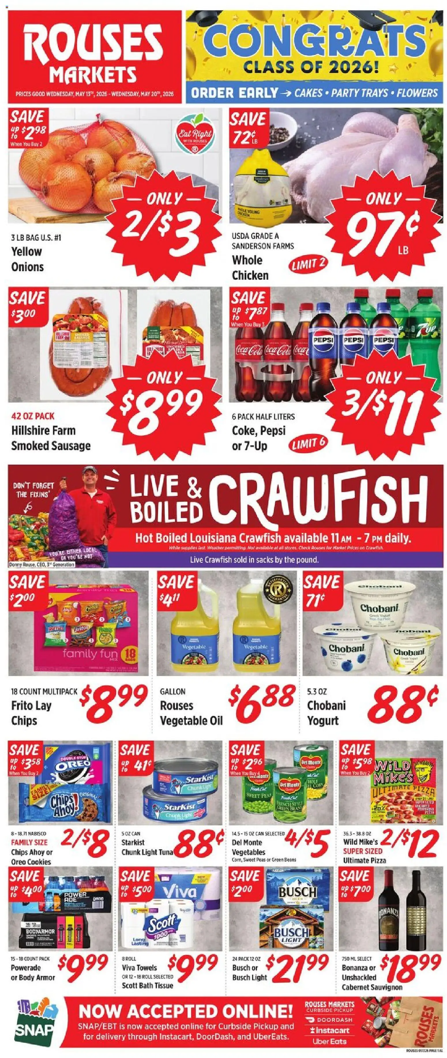 Ad Preview of Rouses Rouses Weekly Ad - AL from 05/13/2026 - Pizza, Cookies, Yogurt, Oreo, Tuna, Bag, Bath, Vegetable oil
