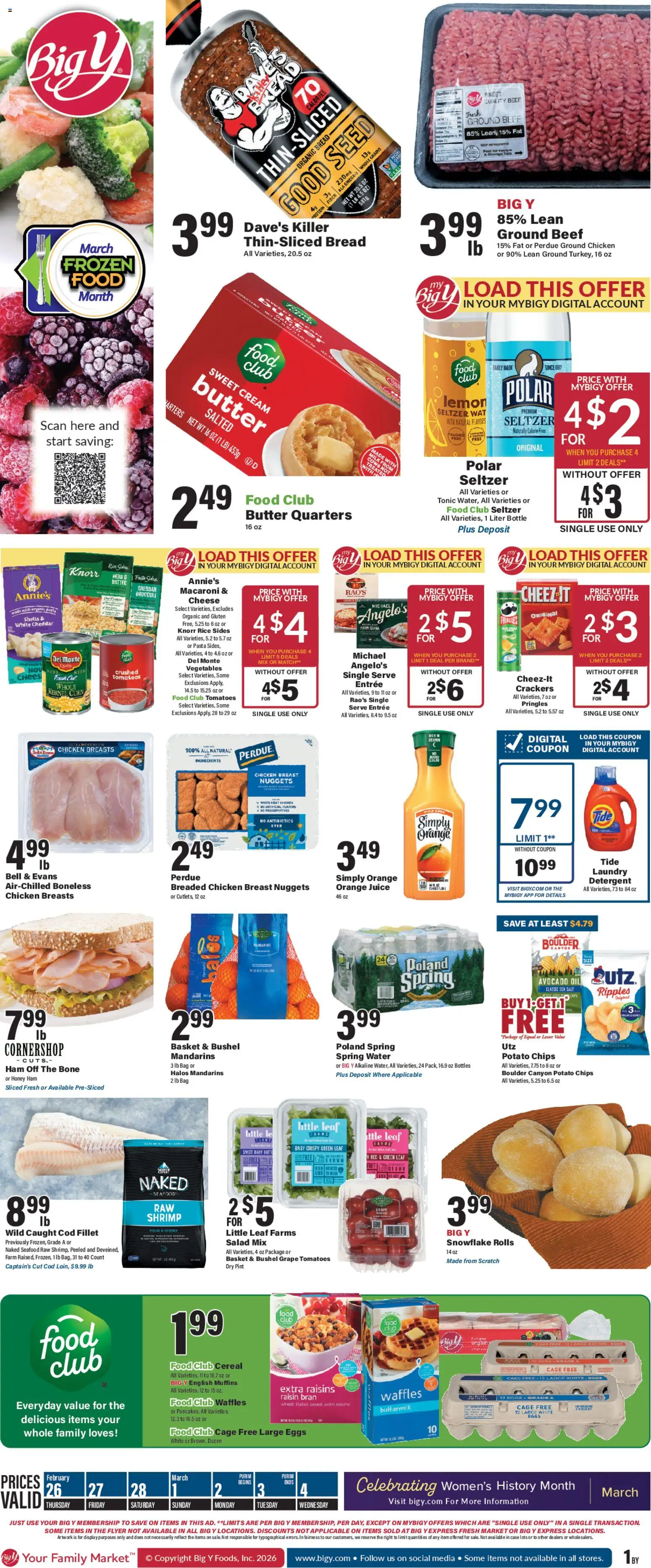 Ad Preview of Big Y Weekly Ad from 02/26/2026 - Eggs, Avocado, Lemon, Bag, Mandarins, Chicken breasts, Detergent, Salad mix
