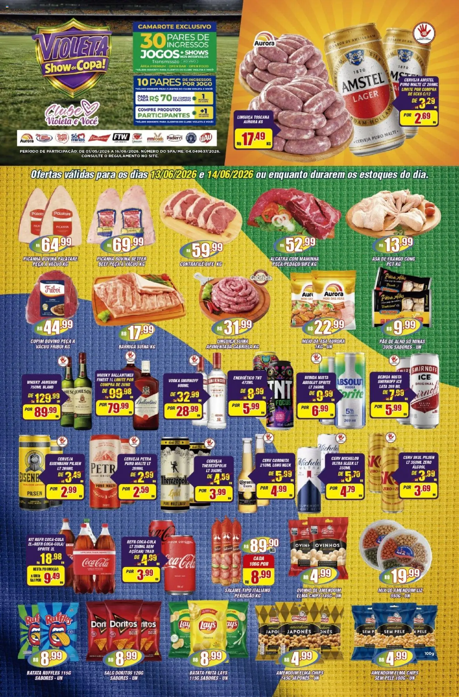 Pré-Visualização do folheto "Violeta Supermercados - Ofertas da semana" da loja Violeta Supermercados válido a partir de 13/06/2026 - Jogos, Cerveja, Batata, Pao de alho, Linguiça, Alcatra, Whisky Jameson, Asa de frango