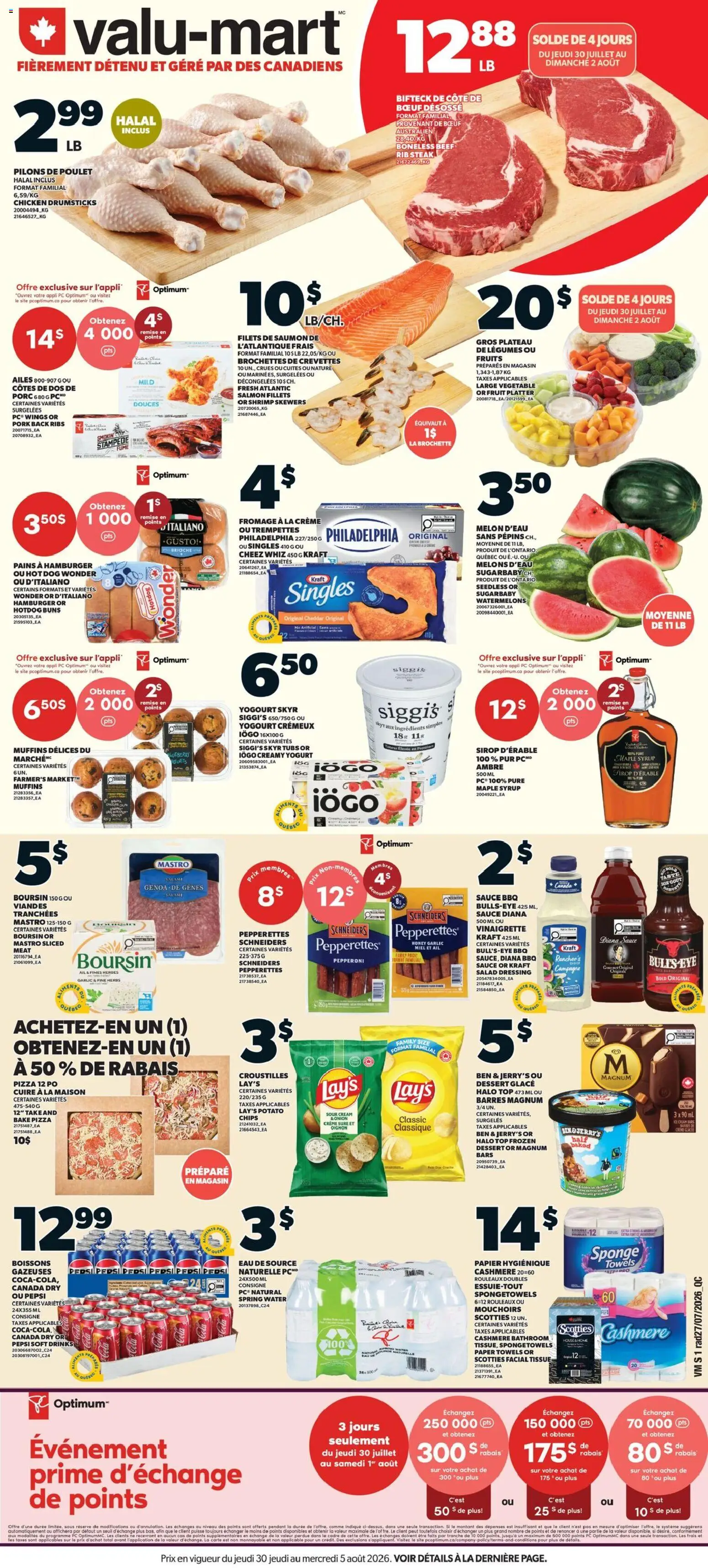 Preview of leaflet Valu Mart circulaire from shop Valu Mart is valid from Jul 30, 2026 - Pizza, Steak, Salad, Dressing, Pepsi, Sour cream, Sponge, Cheddar