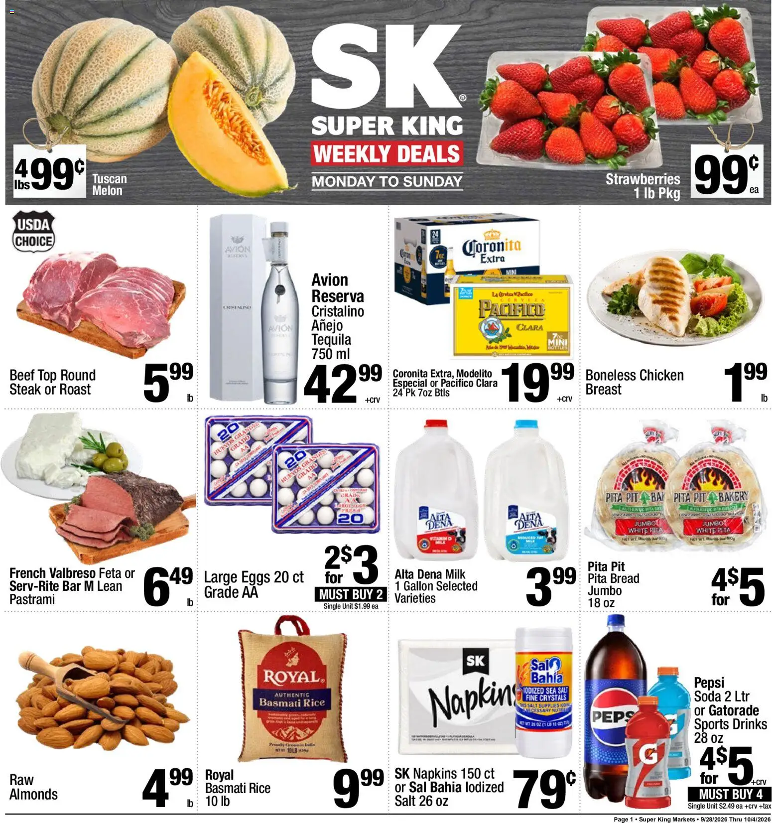 Ad Preview of Super King Super King Weekly Ad from 09/28/2026 - Eggs, Milk, Pepsi, Salt, Beef, Melon, Almonds, Chicken