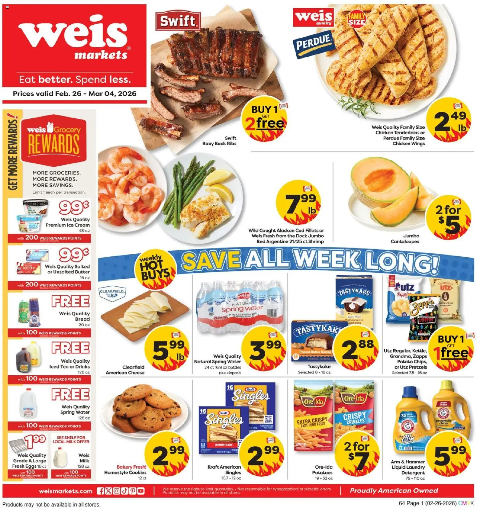 Ad Preview of Weis Weekly Circular - NY from 02/26/2026 - Cookies, Water, Bread, Potatoes, Cantaloupes, Peanut butter, Hammer, Detergent
