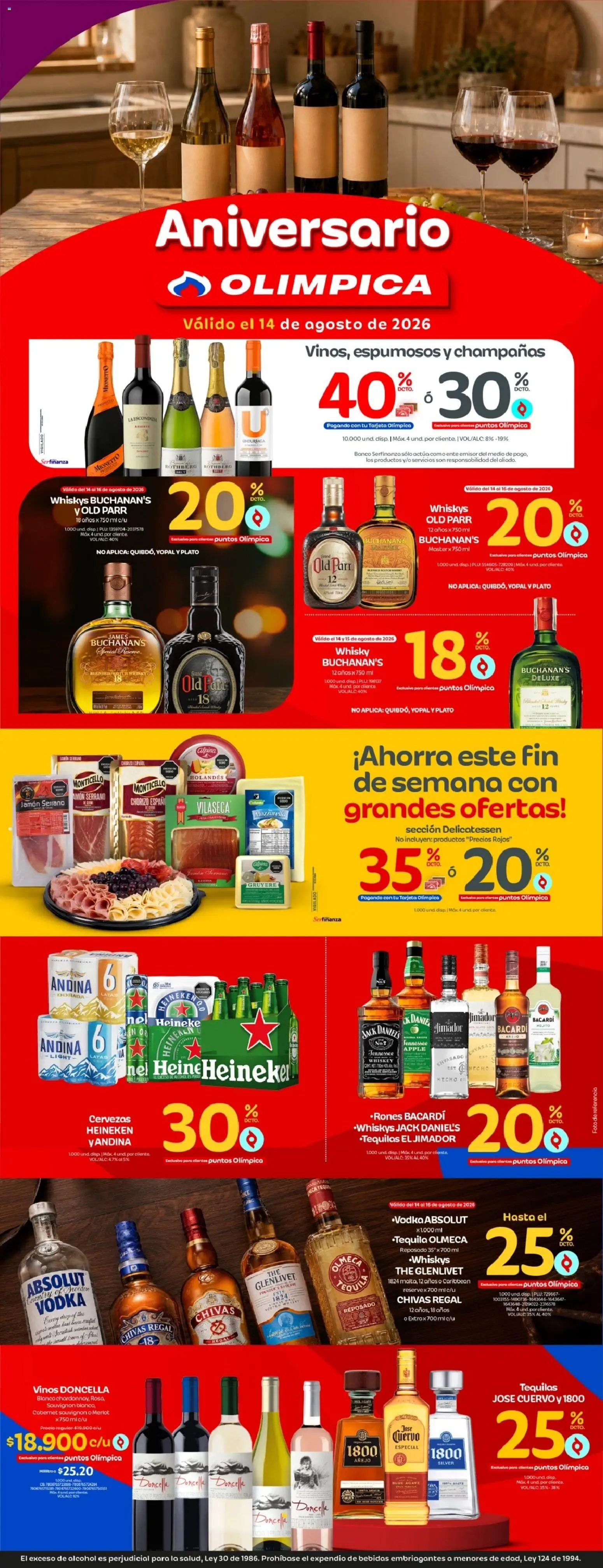  Vista previa del prospecto Olímpica catálogo del almacen Olímpica válida del 14/08/2026 al 14/08/2026 - Banco, Whisky, Alcohol, Vodka, Chorizo, Bebidas, Whiskey, Jamón serrano
