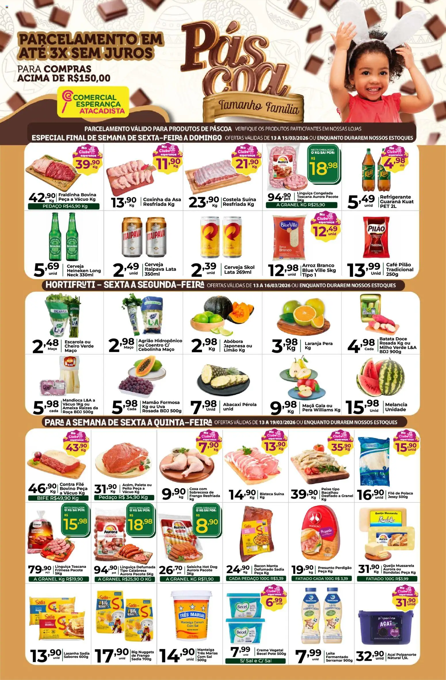Pré-Visualização do folheto "Comercial Esperança - Ofertas da semana" da loja Comercial Esperança válido a partir de 13/03/2026 - Sal, Abóbora, Frango, Mussarela, Milho, Creme, Contra filé, File de polaca