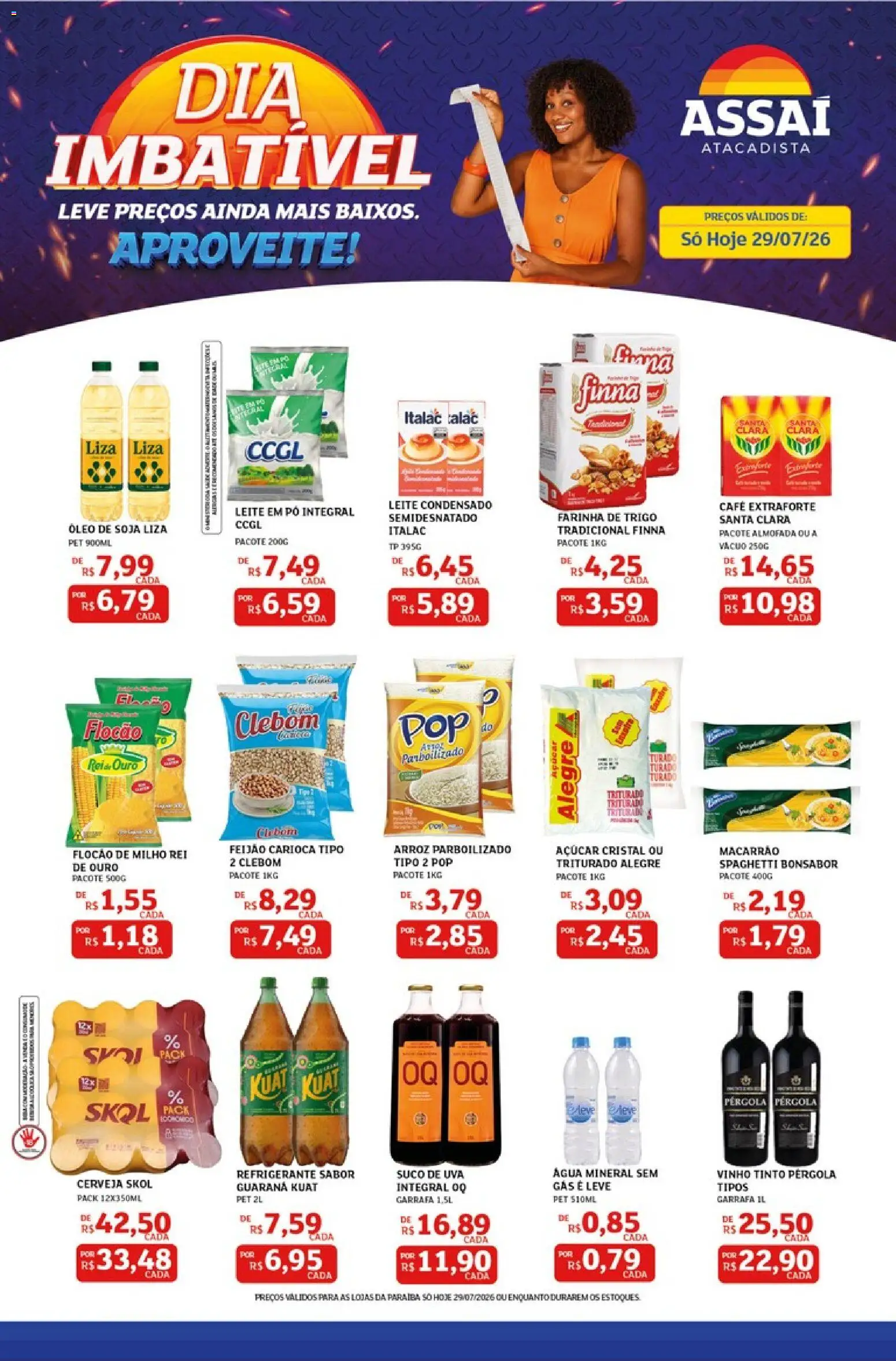 Pré-Visualização do folheto "Assaí Atacadista ofertas - PB" da loja Assaí Atacadista válido a partir de 29/07/2026 - Leite condensado, Arroz, Feijão, Leite, Refrigerante, Milho, Guaraná, Vinho tinto