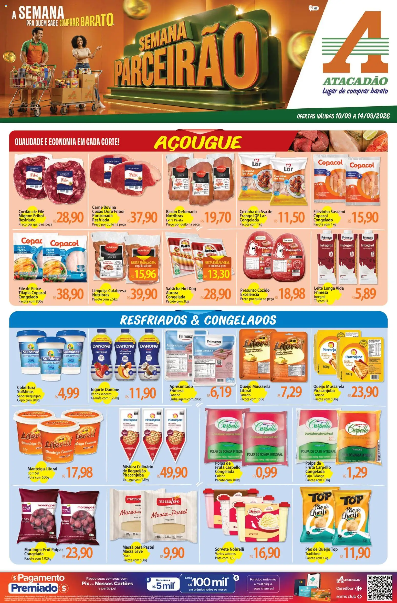 Pré-Visualização do folheto "Atacadão ofertas - MT" da loja Atacadão válido a partir de 10/09/2026 - Peixe, Morangos, Pão de queijo, Salsicha, Pão, Mussarela, Bacon, Presunto