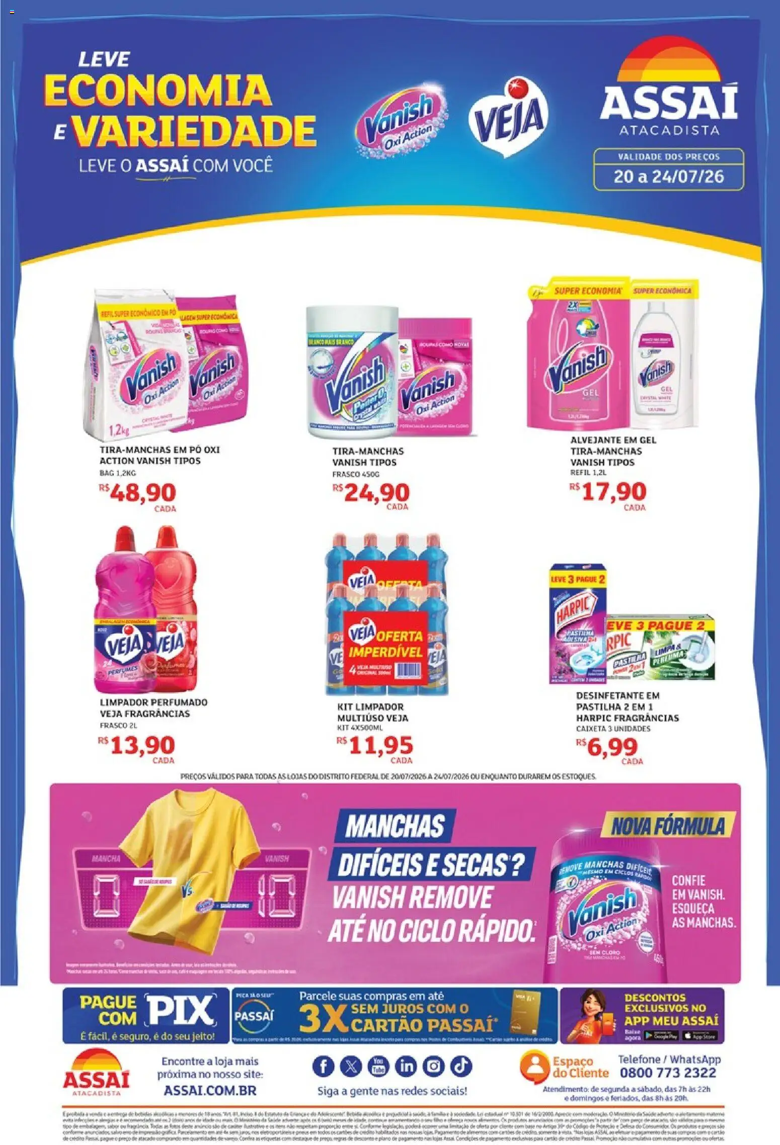 Pré-Visualização do folheto "Assaí Atacadista ofertas - DF" da loja Assaí Atacadista válido a partir de 20/07/2026 - Telefone, Desinfetante, Vanish, Pó, Cloro, Alvejante