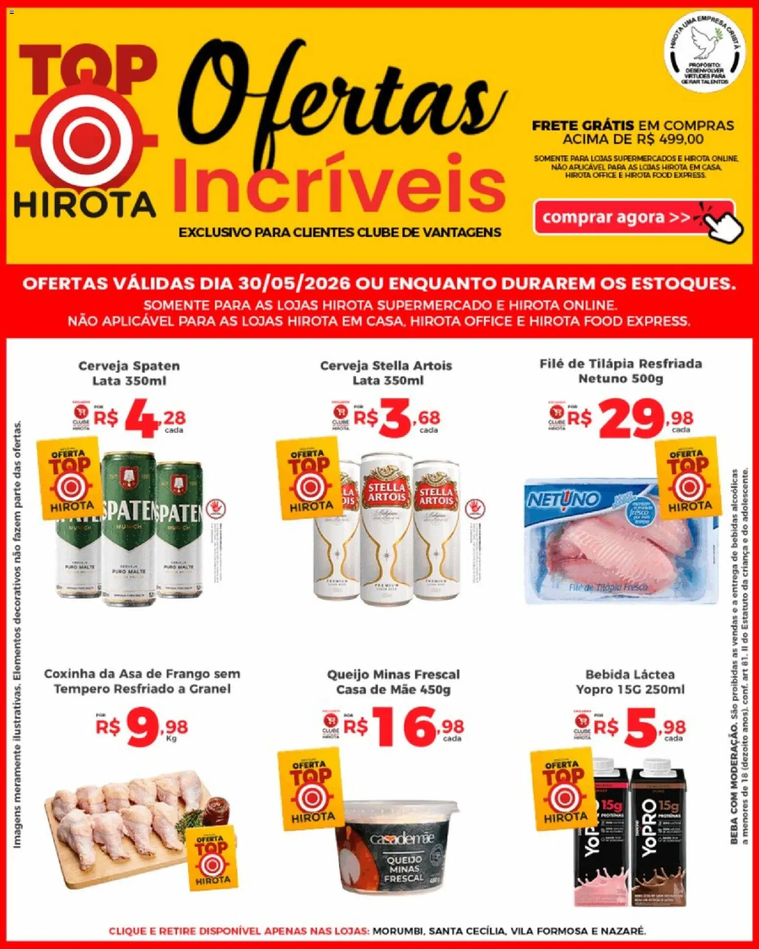 Pré-Visualização do folheto "Hirota Food ofertas do Dia" da loja Hirota Food válido a partir de 30/05/2026 - Cerveja, Bebidas, Bebida, Queijo, Frango, Filé de tilápia, Tilápia, Asa de frango