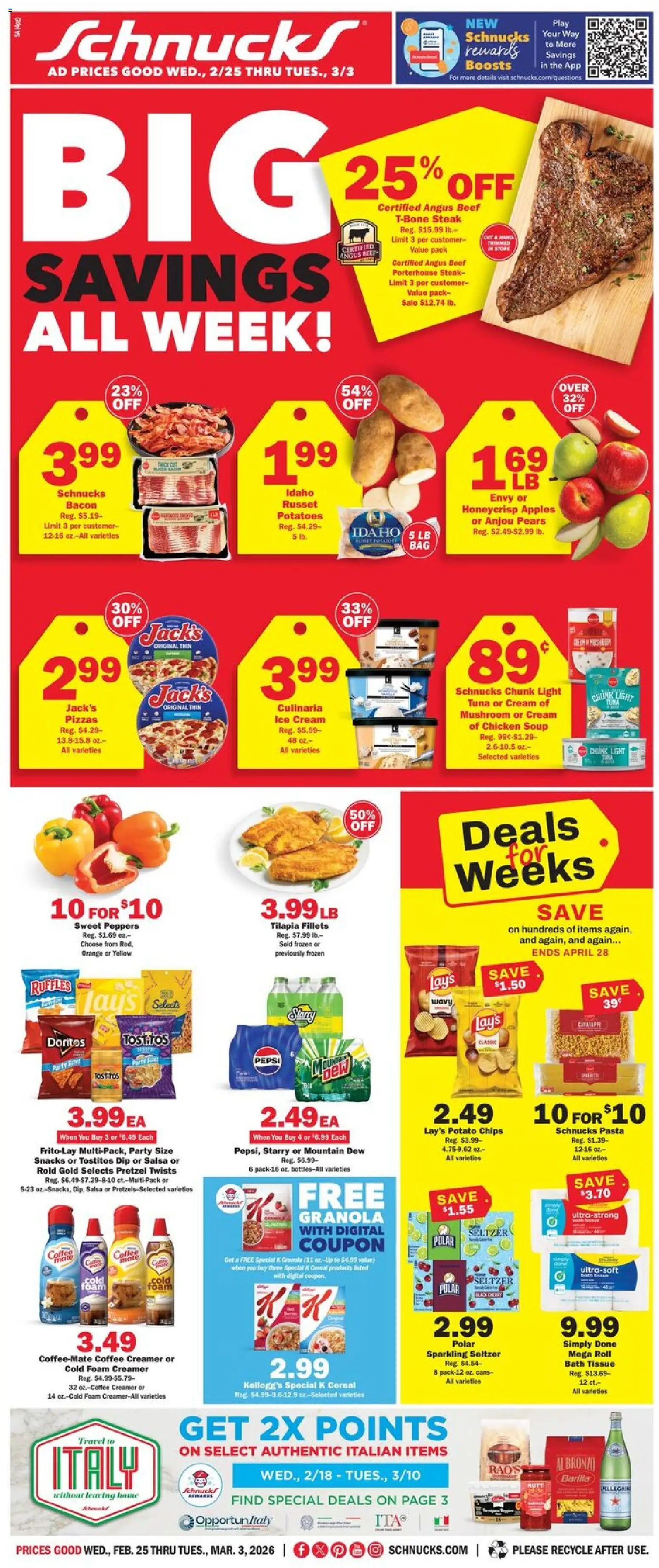 Ad Preview of Schnucks Weekly Print Ad - IL from 02/25/2026 - Ice cream, Pasta, Steak, Chips, Pepsi, Peppers, Bath, Chicken