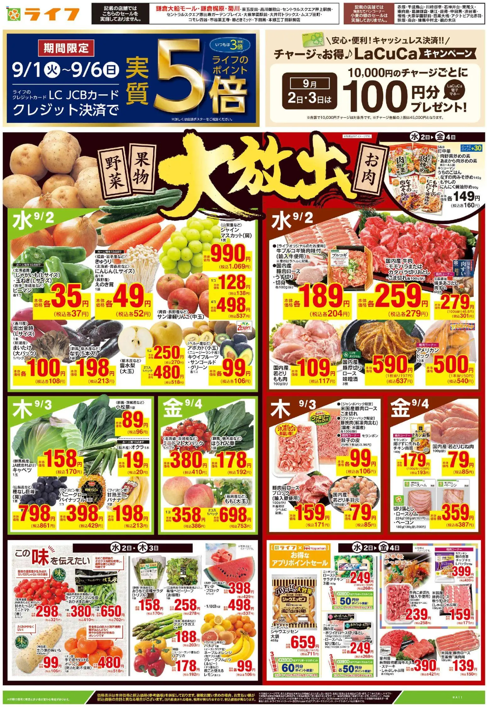 ライフの2026/09/01から2026/09/04までのチラシはここライフ 世田谷区 - 9/2号 野菜果物・お肉大放出