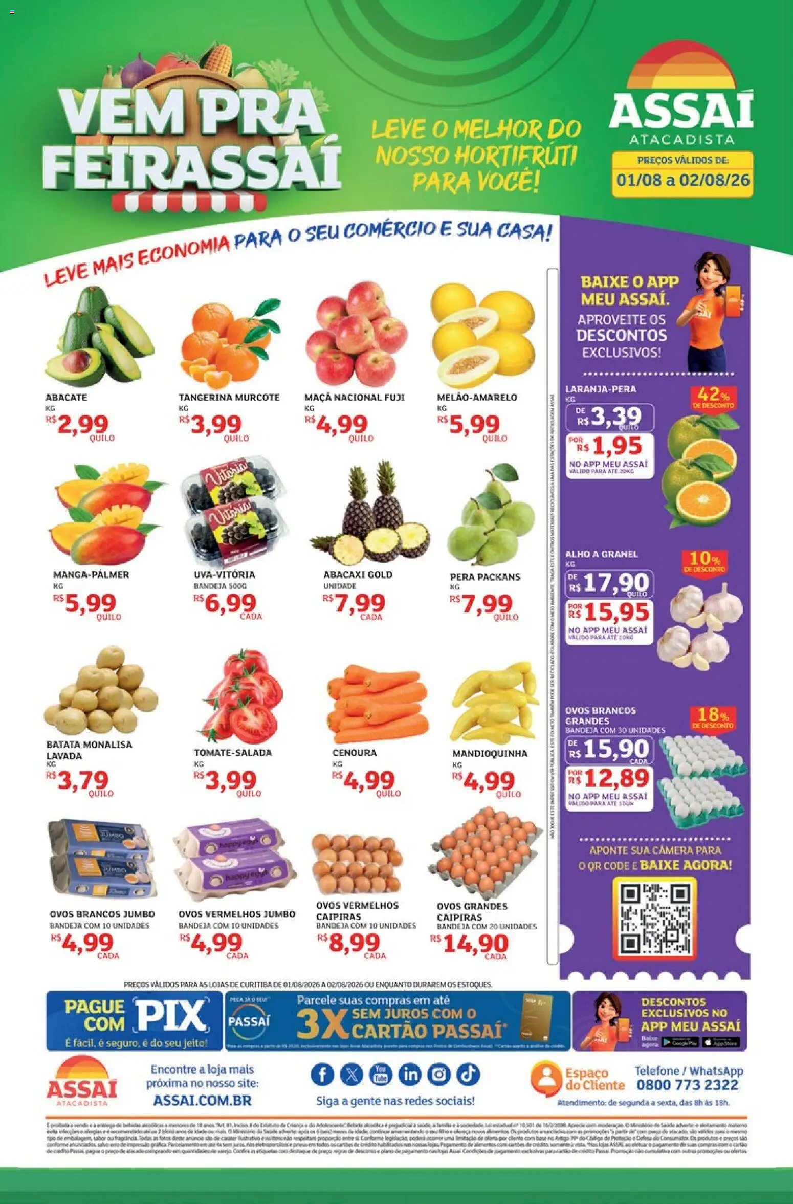 Pré-Visualização do folheto "Assaí Atacadista ofertas - PR" da loja Assaí Atacadista válido a partir de 01/08/2026 - Câmera, Ovos, Batata, Pera, Abacate, Cenoura, Alimentos, Bandeja