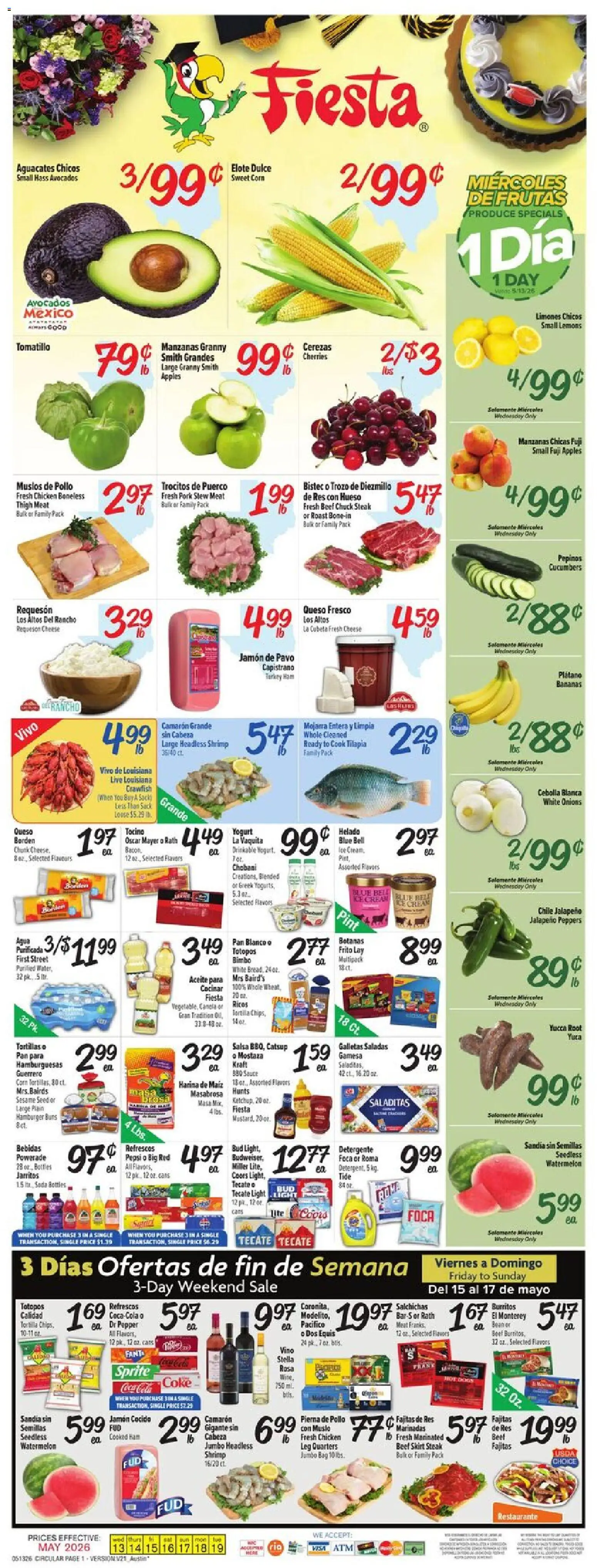 Ad Preview of Fiesta Mart Fiesta Mart Weekly Ad from 05/13/2026 - Turkey, Steak, Pan, Beef, Cream, Fanta, Jalapeno peppers, Chicken