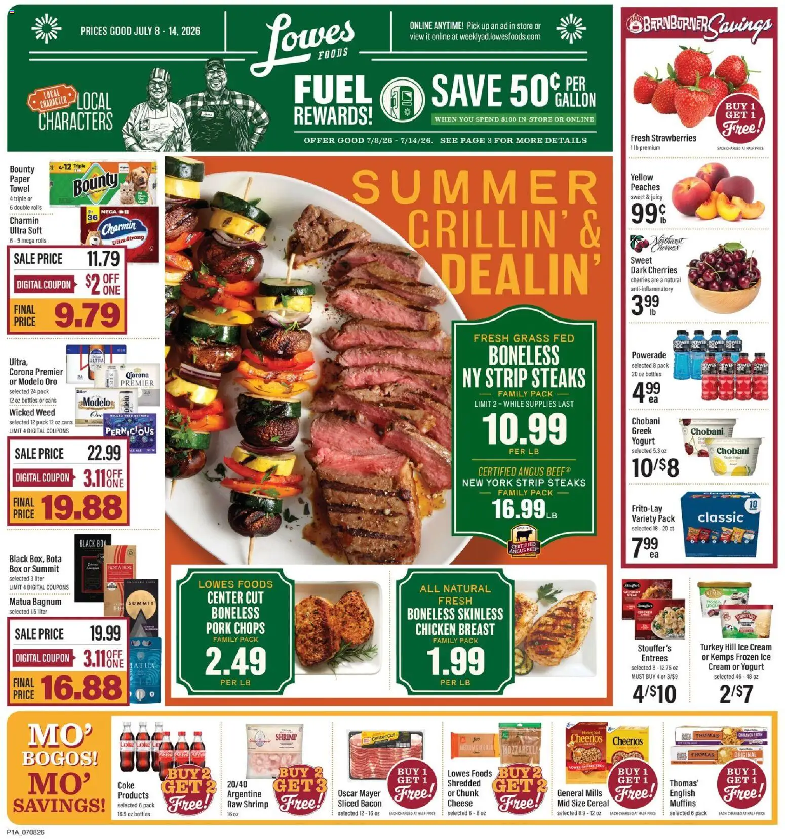 Ad Preview of Lowes Foods Lowes Foods Weekly Ad from 07/08/2026 - Strawberries, Cherries, Peaches, Cereal, Beef, Pork, Cream, Chicken