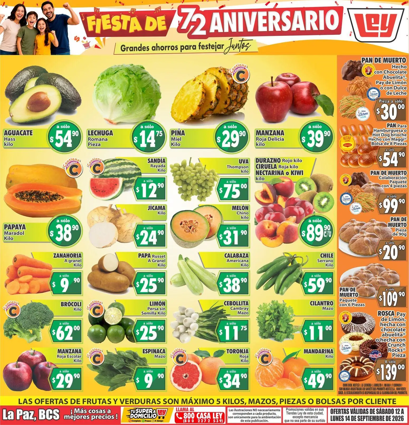 Vista previa las ofertas de la tienda Casa Ley - Casa Ley folleto Las ofertas de frutas y verdunas desde el 12/09/2026 - Hamburguesa, Chocolate, Papa, Kiwi, Calabaza, Piña, Toronja, Melón