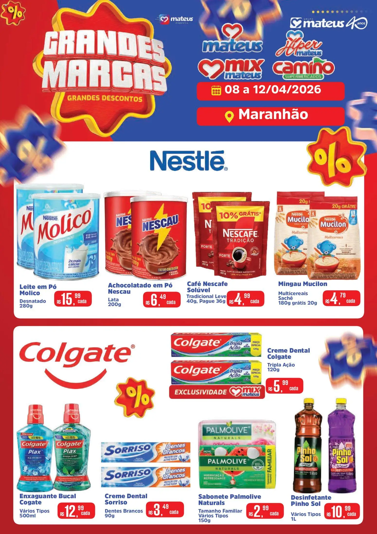 Pré-Visualização do folheto "Mateus ofertas Grande Marcas" da loja Mateus válido a partir de 08/04/2026 - Sabonete, Nescau, Mingau, Creme, Enxaguante bucal, Pó, Achocolatado, Creme dental