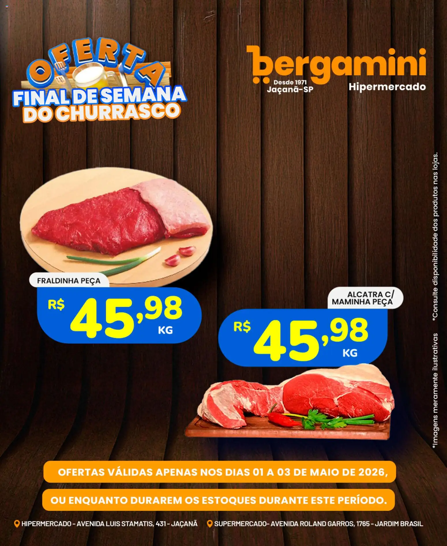 Pré-Visualização do folheto "Supermercado Bergamini - Ofertas da semana" da loja Supermercado Bergamini válido a partir de 01/05/2026 - Maiô, Fraldinha, Alcatra, Maminha