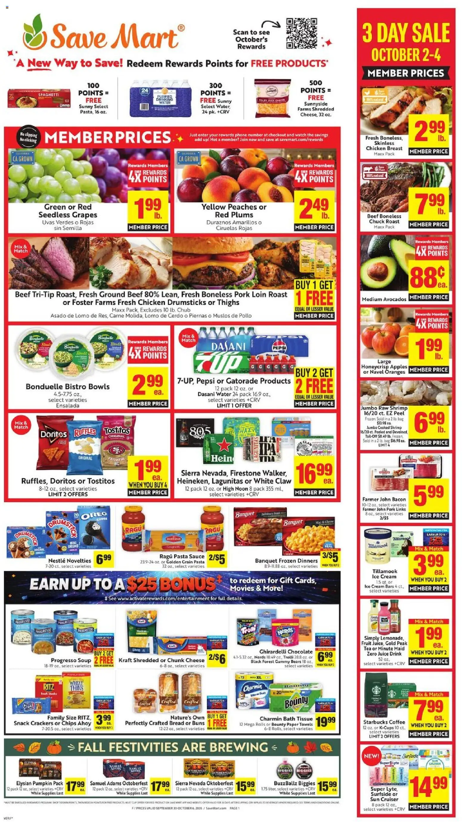 Ad Preview of Save Mart Save Mart Weekly Ad from 09/30/2026 - Water, Ice, Juice, Beef, Pork, Paper towels, Pork loin, Drumsticks
