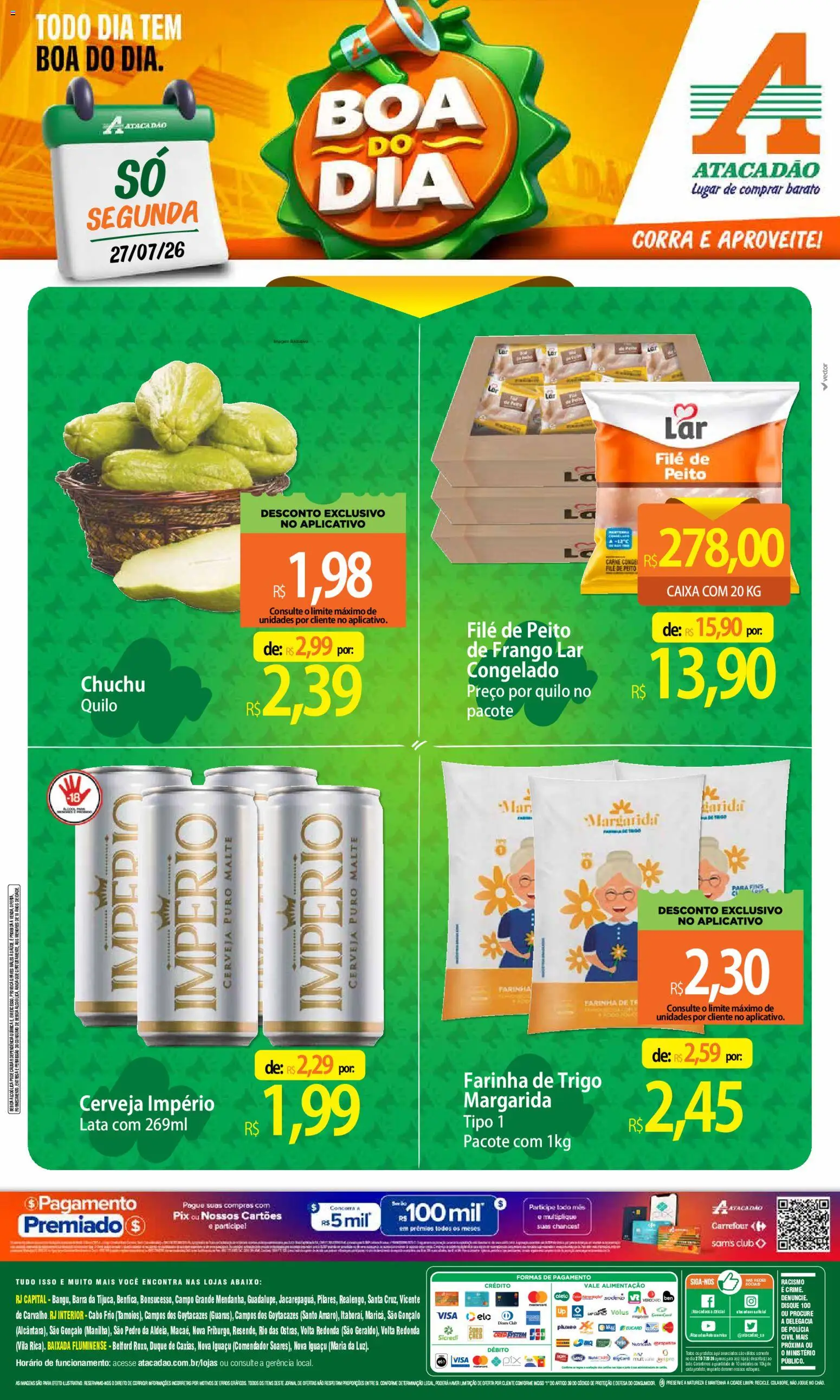 Pré-Visualização do folheto "Atacadão ofertas - RJ" da loja Atacadão válido a partir de 27/07/2026 - Caixa, Cerveja, Bebida, Frango, Farinha de trigo, Pó, Farinha, Cabo