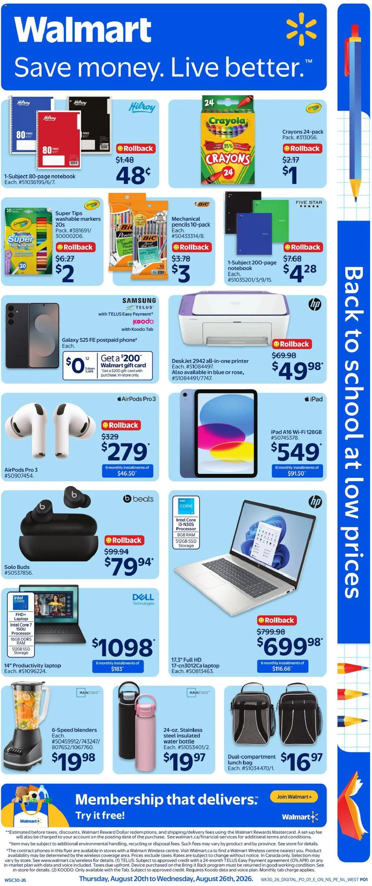 Preview of leaflet Walmart flyer - Back to school from shop Walmart is valid from Aug 20, 2026 - Water, Laptop, Blender, Printer, Tablet, Bag, Notebook, Smartphone