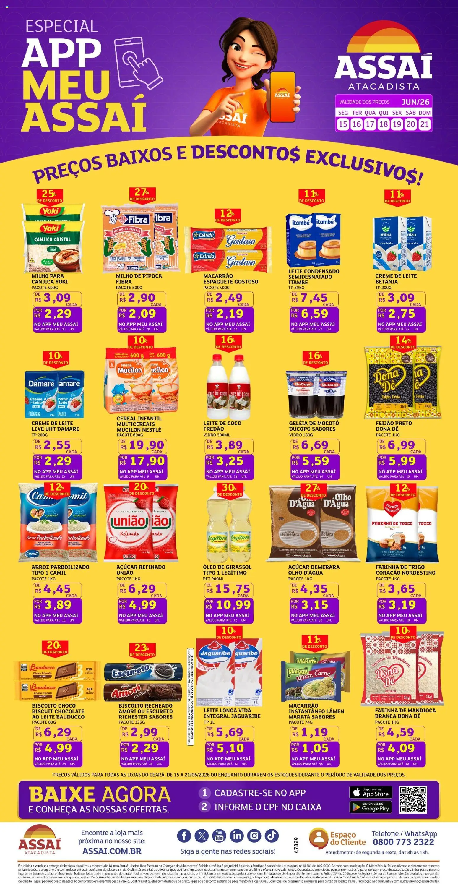 Pré-Visualização do folheto "Assaí Atacadista ofertas - CE" da loja Assaí Atacadista válido a partir de 15/06/2026 - Telefone, Macarrão, Pneus, Arroz, Base, Pipoca, Biscoito, Creme de leite
