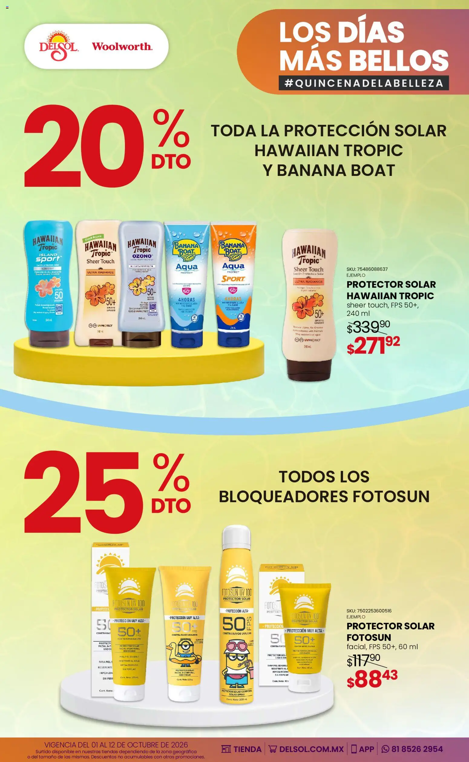 Vista previa las ofertas de la tienda Del Sol y Woolworth - Del Sol y Woolworth catálogo Los días más bellos - Quincena Belleza desde el 01/10/2026 - Agua, Perfume, Protector solar, Loción