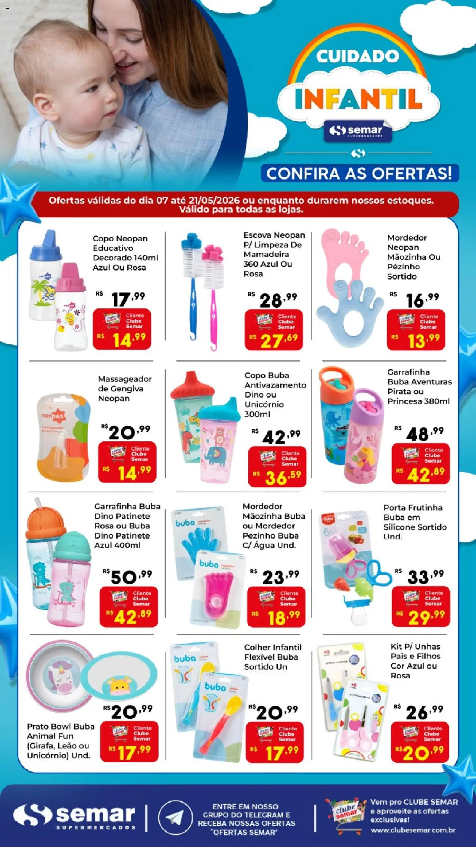 Pré-Visualização do folheto "Semar Supermercado ofertas Cuidado Infantil" da loja Semar Supermercado válido a partir de 07/05/2026 - Água, Porta, Mamadeira, Massageador, Escova