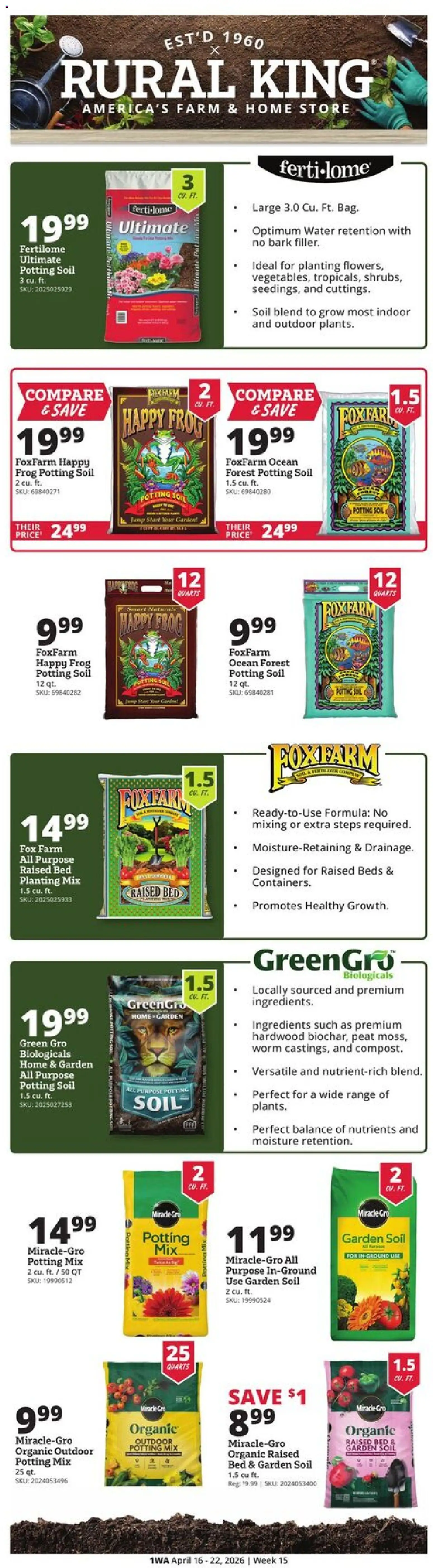 Ad Preview of Rural King Rural King Weekly Ad from 04/16/2026 - Water, Bed, Soil, Potting soil, Peat, Garden soil