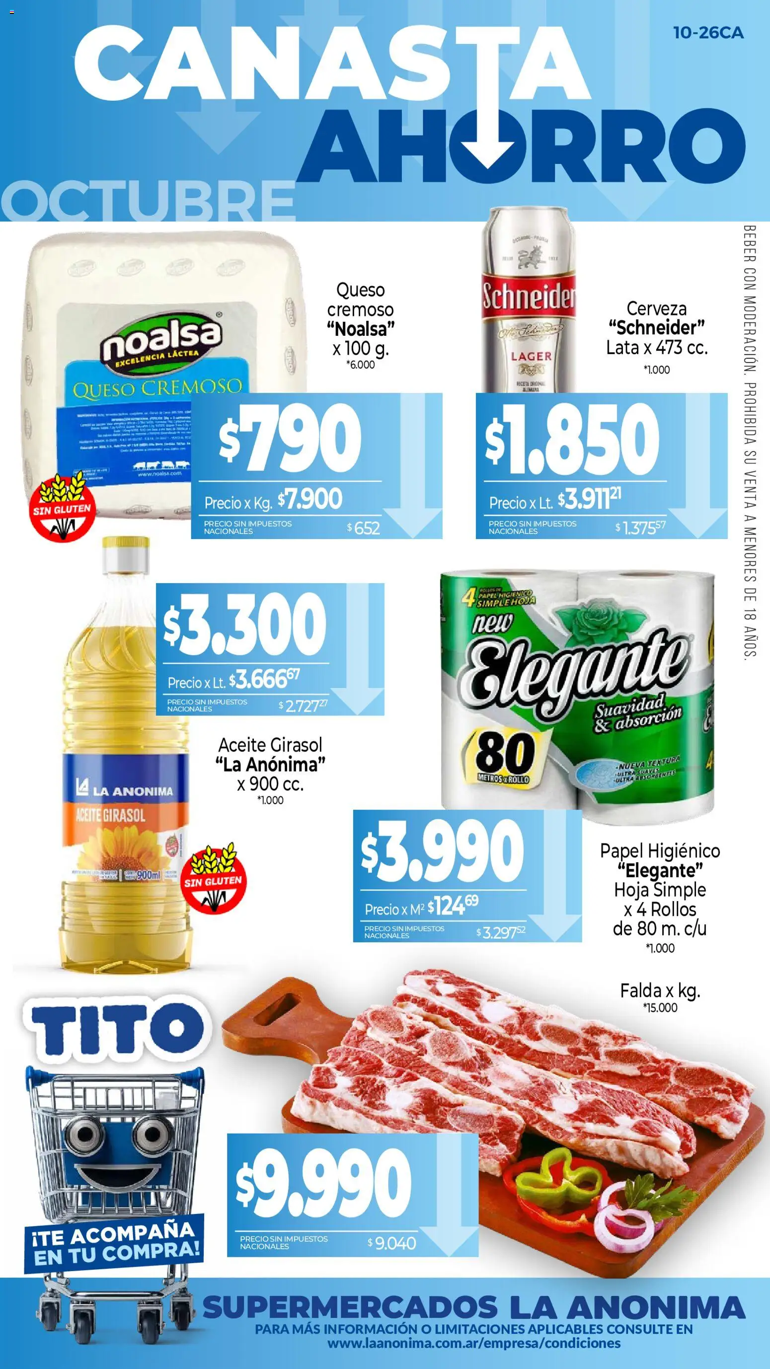 Vista previa del folleto de la tienda La Anonima válido desde el 01/10/2026 - Cerveza, Queso, Aceite, Papel higiénico, Falda, Canasta