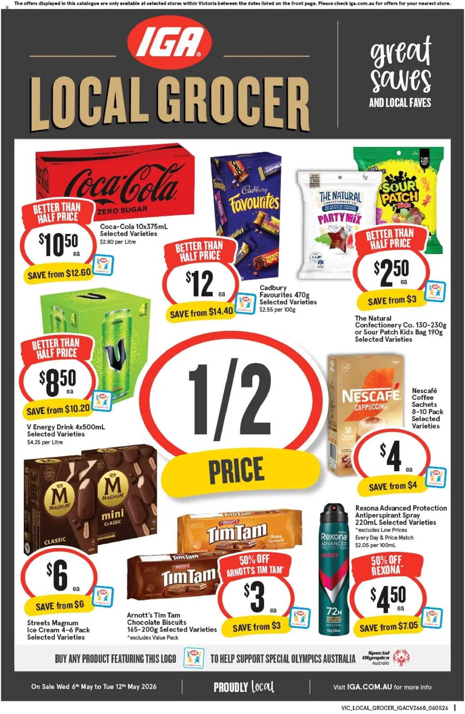 Preview of catalogue IGA Local Grocer VIC from shop IGA valid 06/05/2026 - Energy drink, Chocolate, Antiperspirant, Chips, Sachets, Ice cream, Sugar, Bag