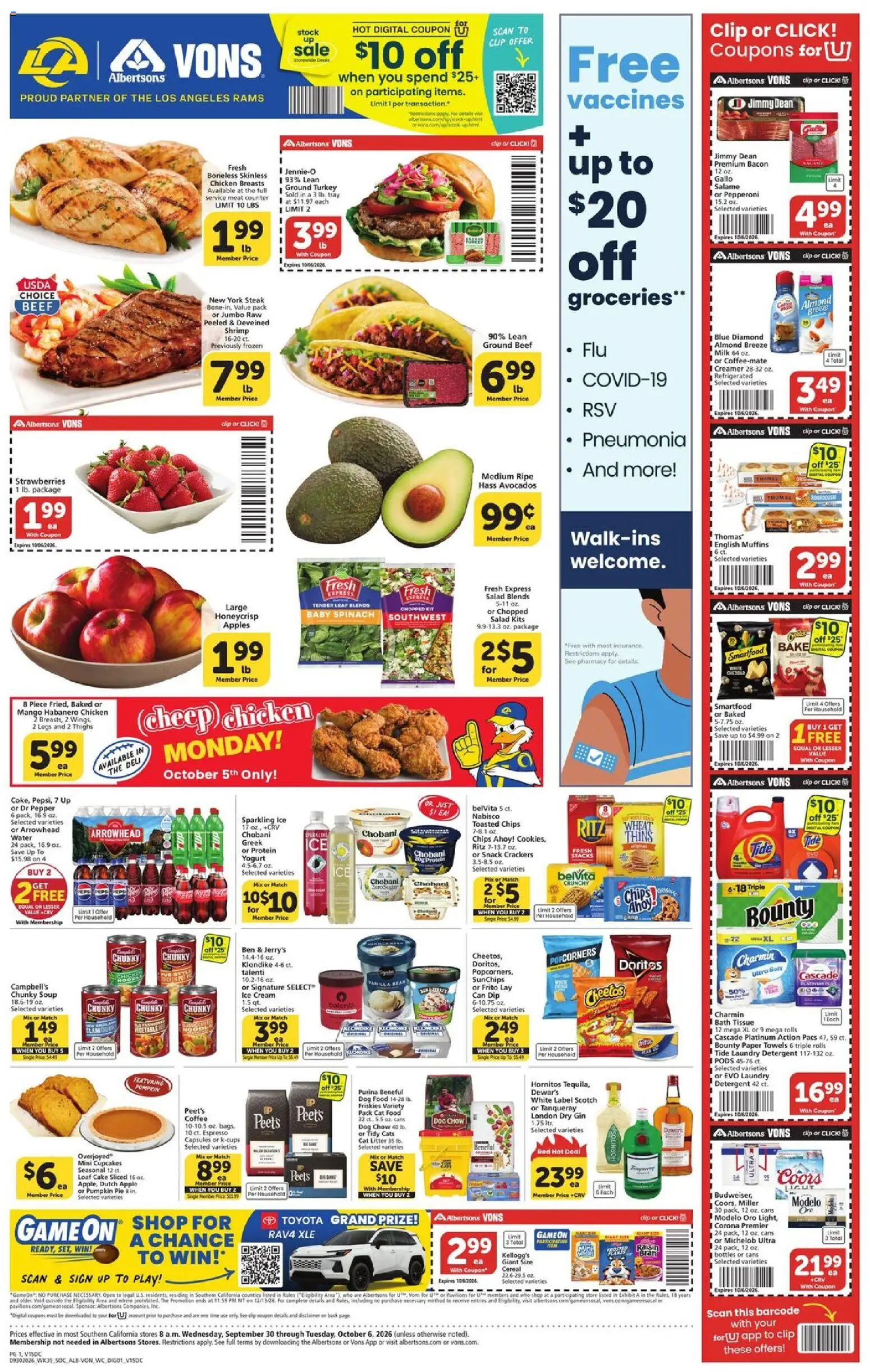Ad Preview of Vons Vons Weekly Ad from 09/30/2026 - Pumpkin, Yogurt, Protein, Sugar, Cat Food, Cat Litter, Laundry detergent, Chicken