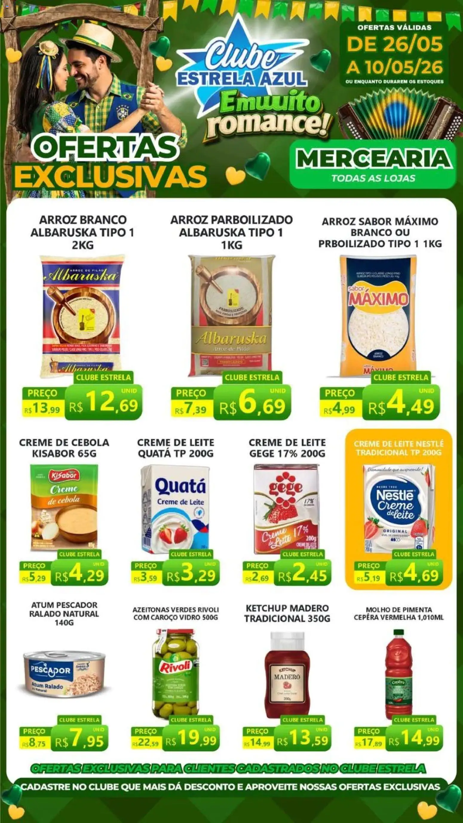 Pré-Visualização do folheto "Estrela Azul ofertas Clube Mercearia" da loja Estrela Azul válido a partir de 26/05/2026 - Arroz, Leite, Ketchup, Creme de leite, Creme, Atum, Cebola, Arroz parboilizado