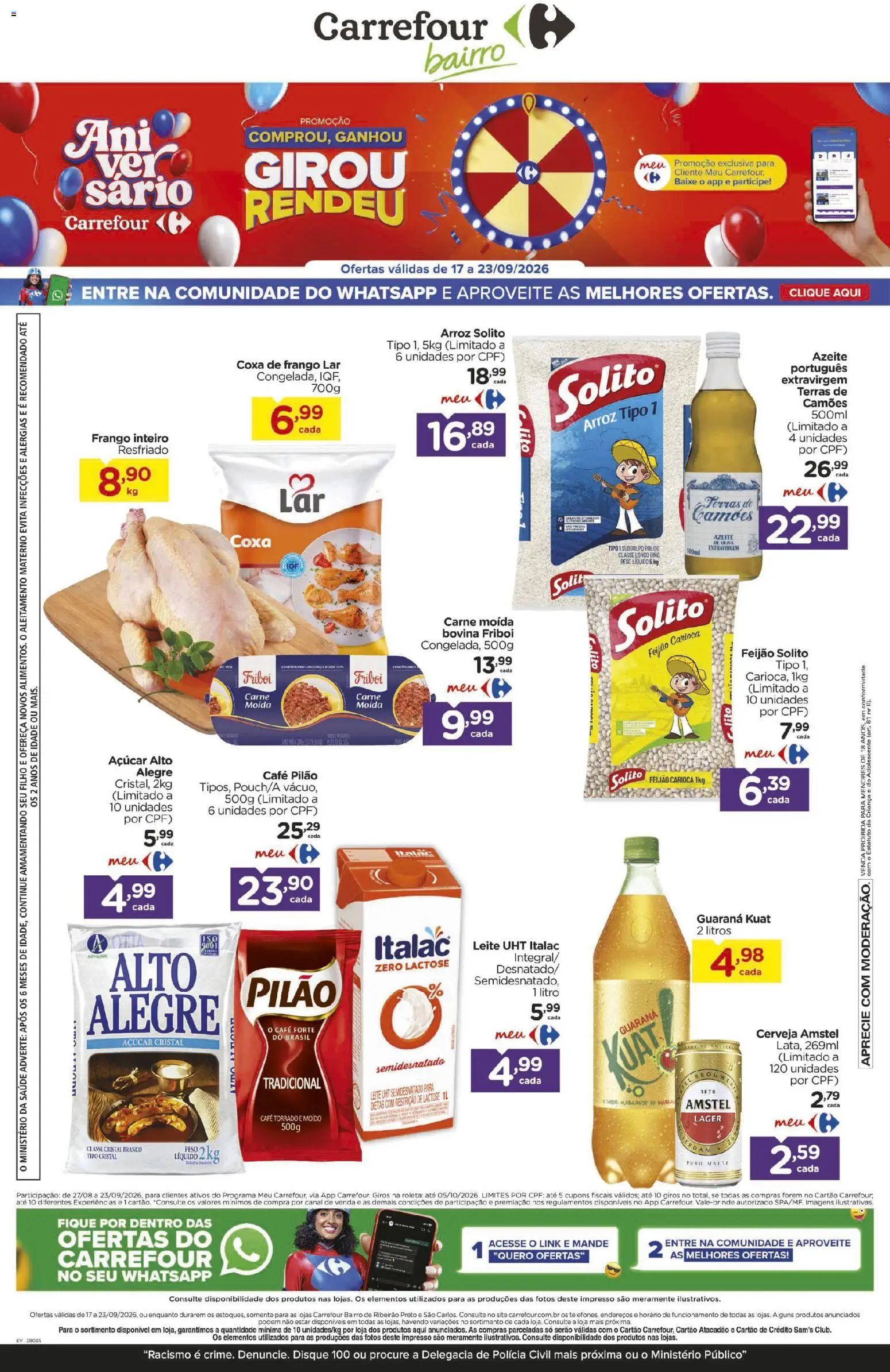 Pré-Visualização do folheto "Carrefour Bairro ofertas Semanal" da loja Carrefour Bairro válido a partir de 17/09/2026 - Café, Arroz, Frango, Açúcar, Carne moída, Café pilão, Coxa de frango, Açúcar cristal