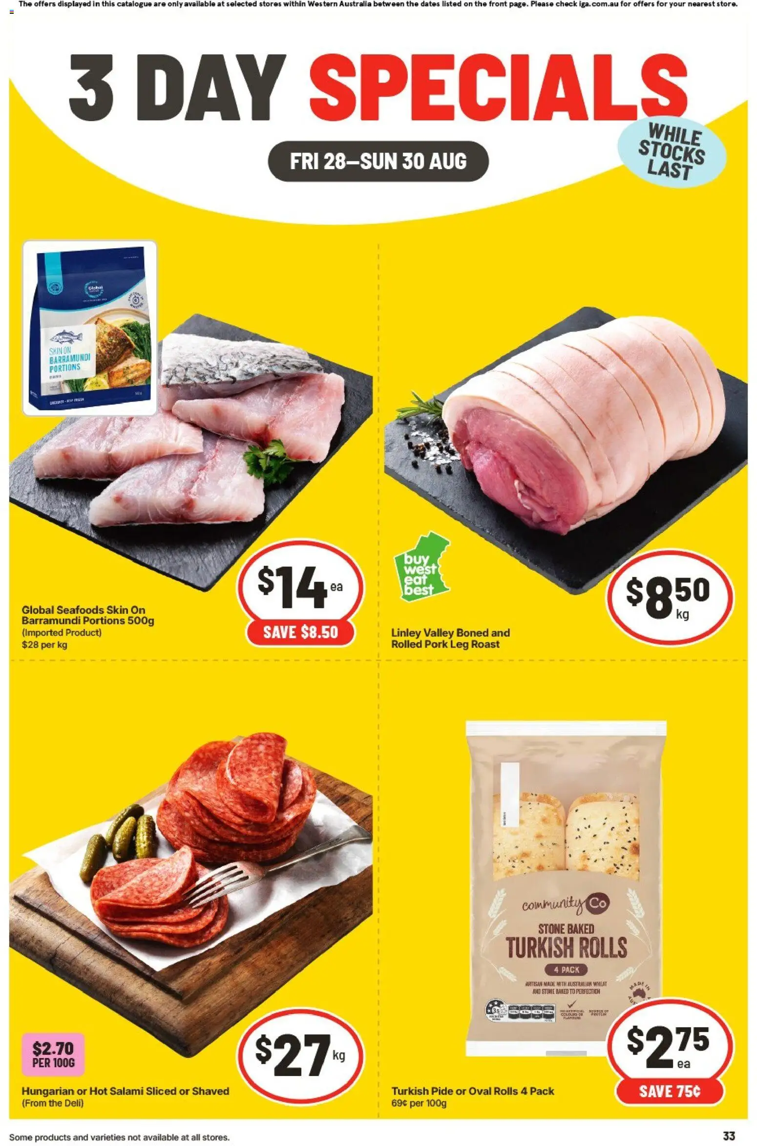 Preview of catalogue GA 3 Day Specials WA from shop IGA valid 28/08/2026 - Salami, Pork, Wheat, Roast, Pork leg