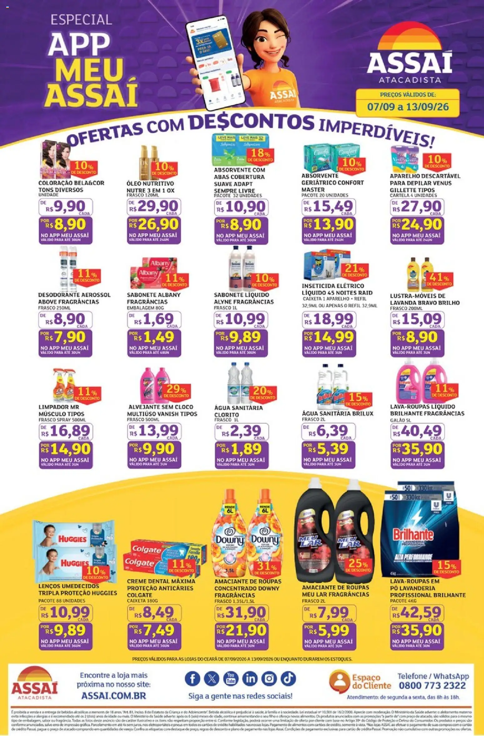 Pré-Visualização do folheto "Assaí Atacadista ofertas - CE" da loja Assaí Atacadista válido a partir de 07/09/2026 - Telefone, Roupas, Absorvente, Desodorante, Sabonete, Água sanitária, Alvejante, Creme dental