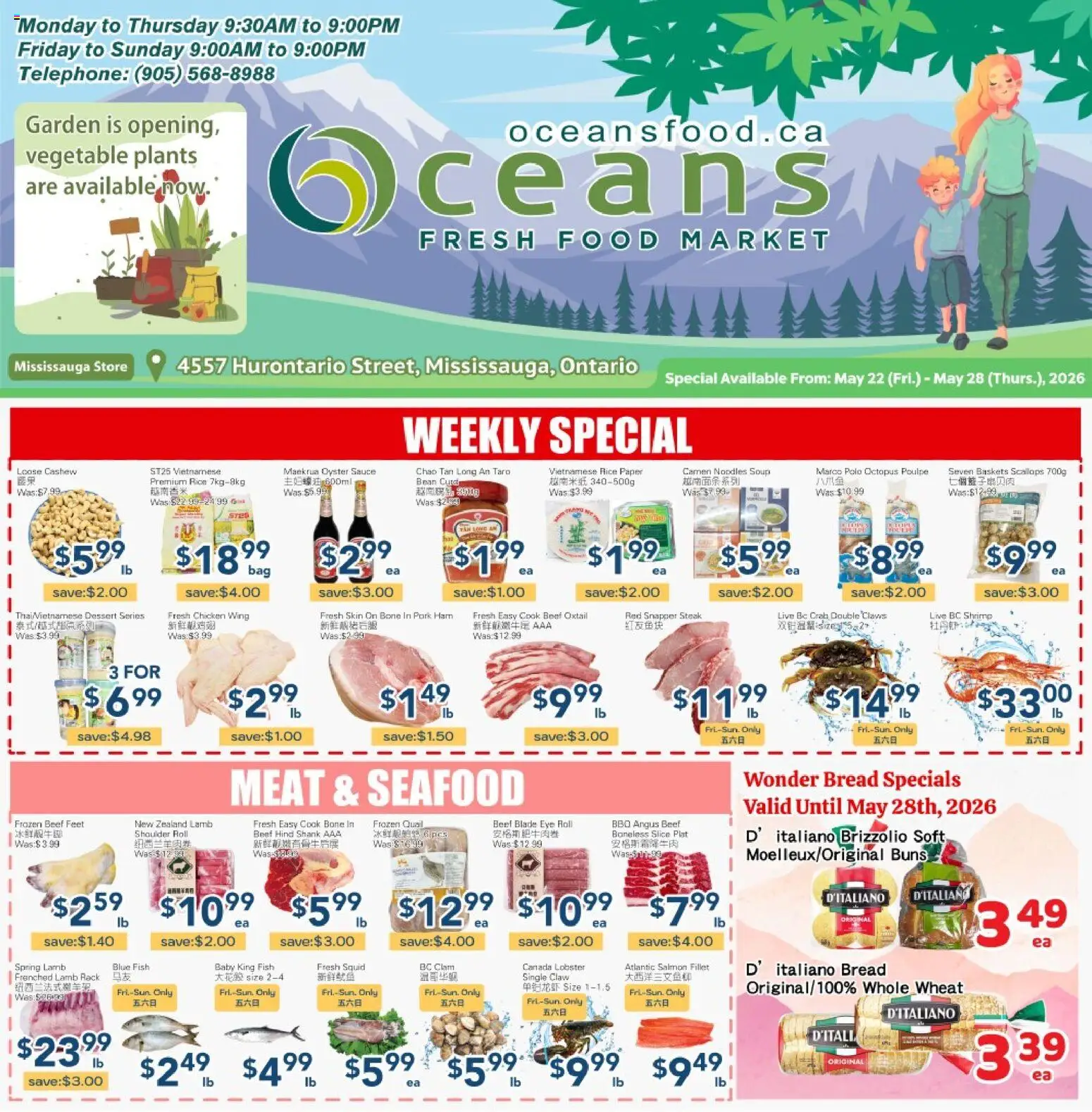 Preview of leaflet Oceans weekly flyer - Mississauga from shop Oceans is valid from May 22, 2026 - Dessert, Chicken, Noodles, Steak, Seafood, Meat, Shrimp, Cashew