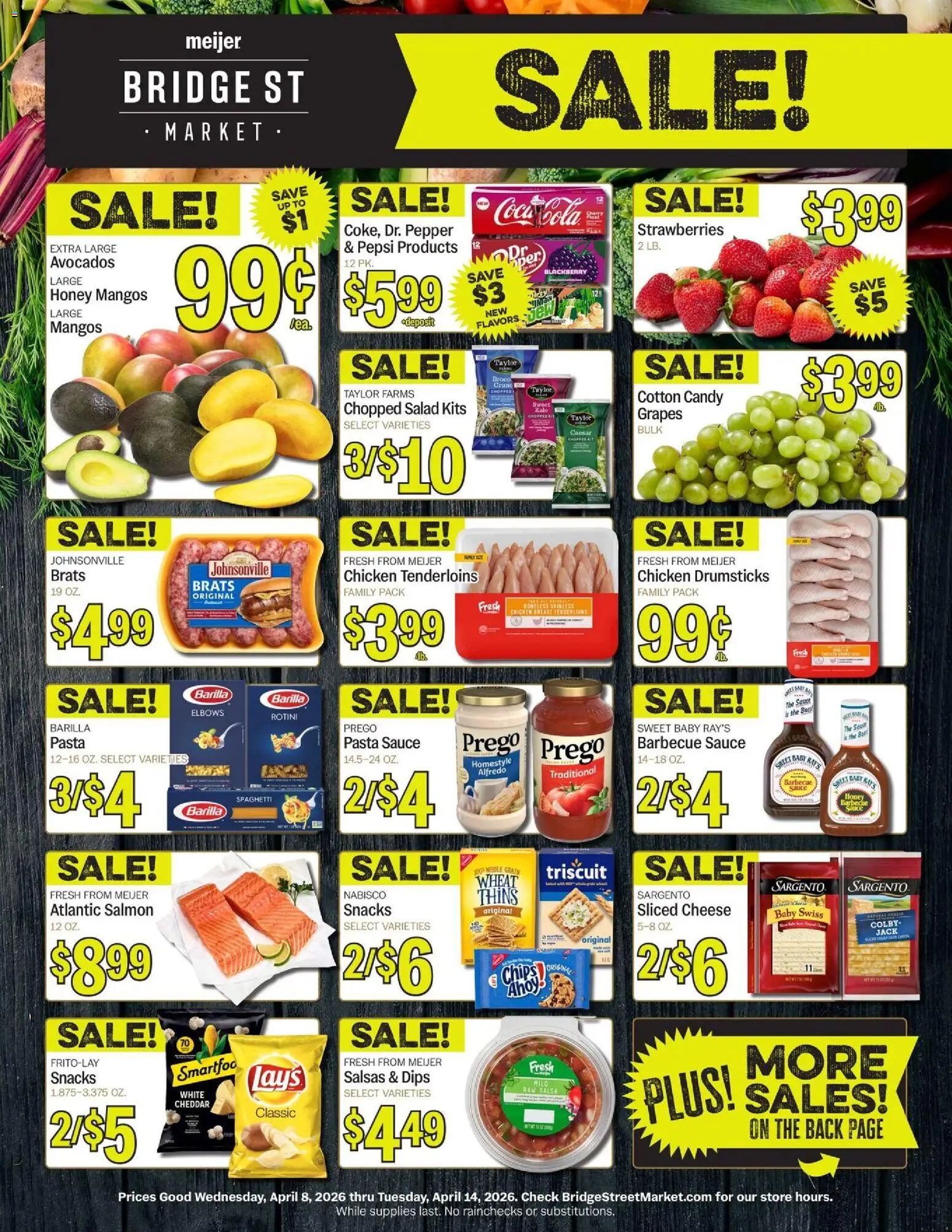 Ad Preview of Meijer Meijer Bridge Street Market from 04/08/2026 - Chips, Honey, Salmon, Kale, Sauce, Chicken drumsticks, Barbecue sauce, Sliced cheese