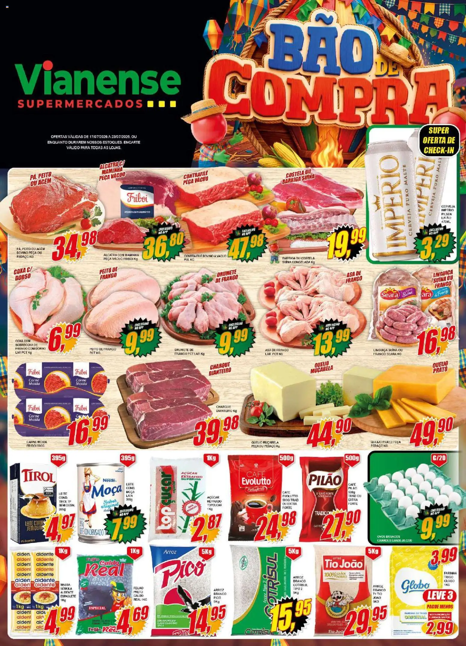 Pré-Visualização do folheto "Vianense ofertas" da loja Vianense válido a partir de 17/07/2026 - Café, Arroz, Queijo, Massa, Carne moída, Linguiça, Sobrecoxa de frango, Barriga suína