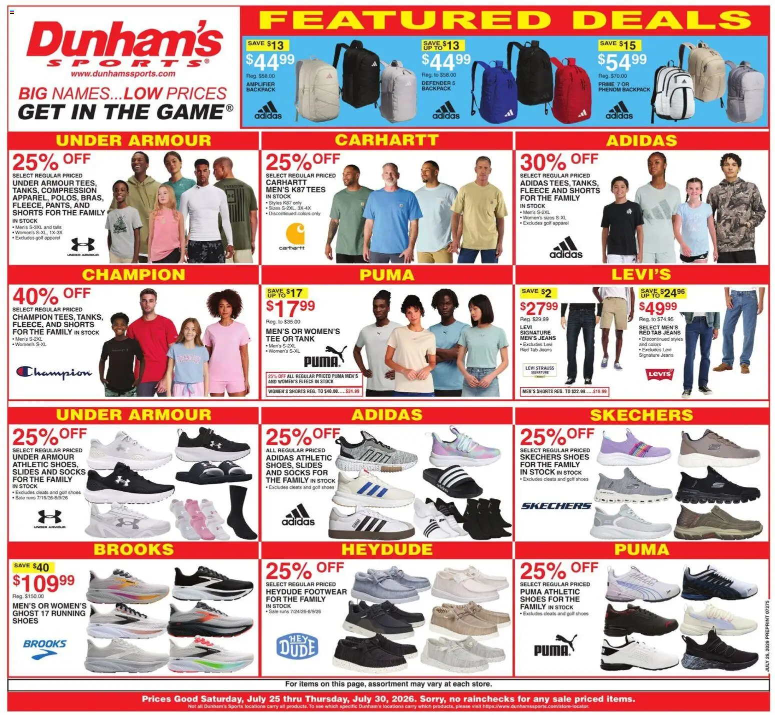 Ad Preview of Dunham's Sports Dunham's Sports Weekly Ad from 07/25/2026 - Backpack, Jeans, Shorts, Socks, Amplifier