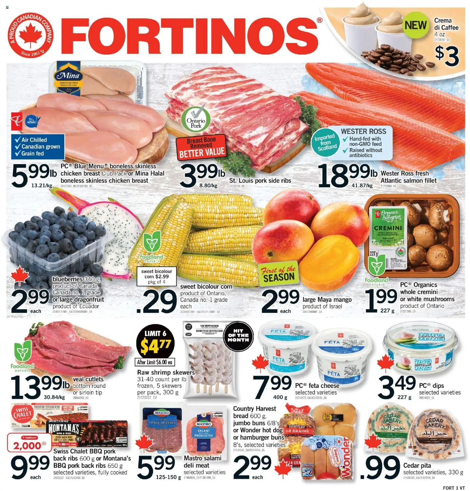 Preview of leaflet Fortinos weekly flyer / circulaire from shop Fortinos is valid from Jul 16, 2026 - Mango, Cheese, Bread, Blueberries, Prosciutto, Veal, Corn, Salami