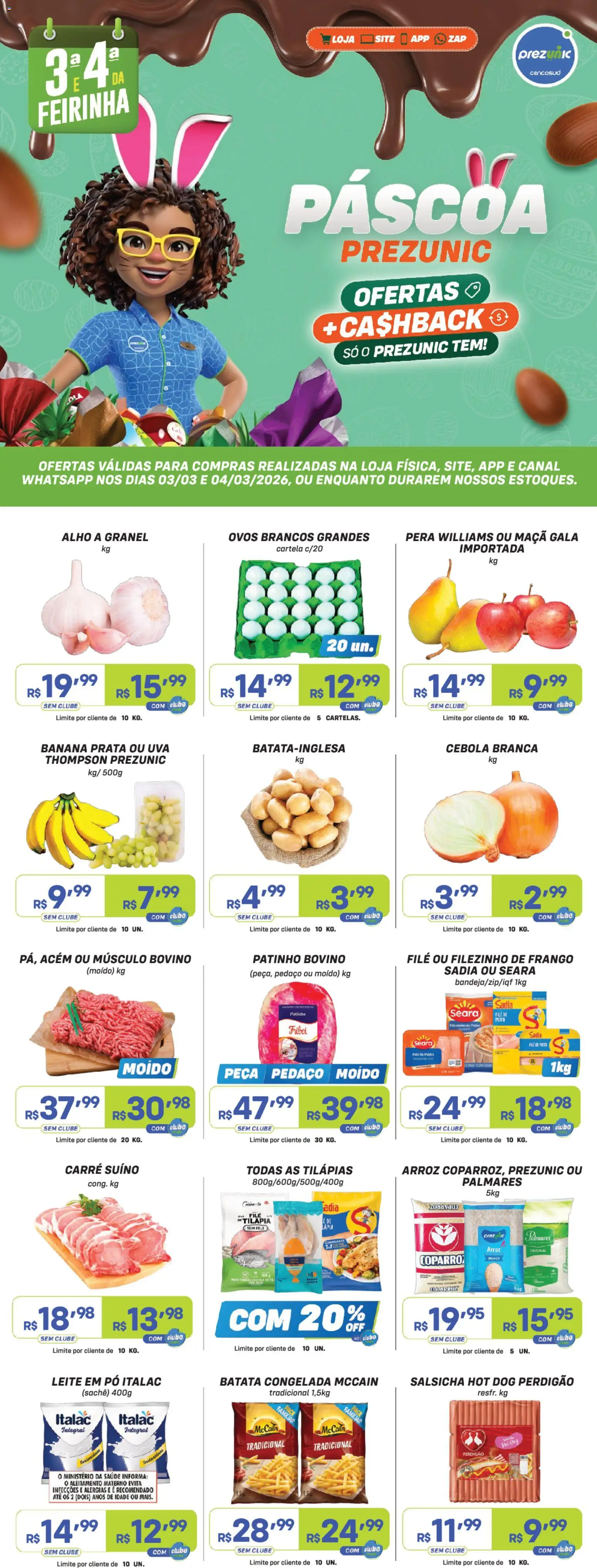 Pré-Visualização do folheto "Prezunic ofertas" da loja Prezunic válido a partir de 03/03/2026 - Ovos, Arroz, Batata, Frango, Pera, Leite em pó, Cebola, Pó