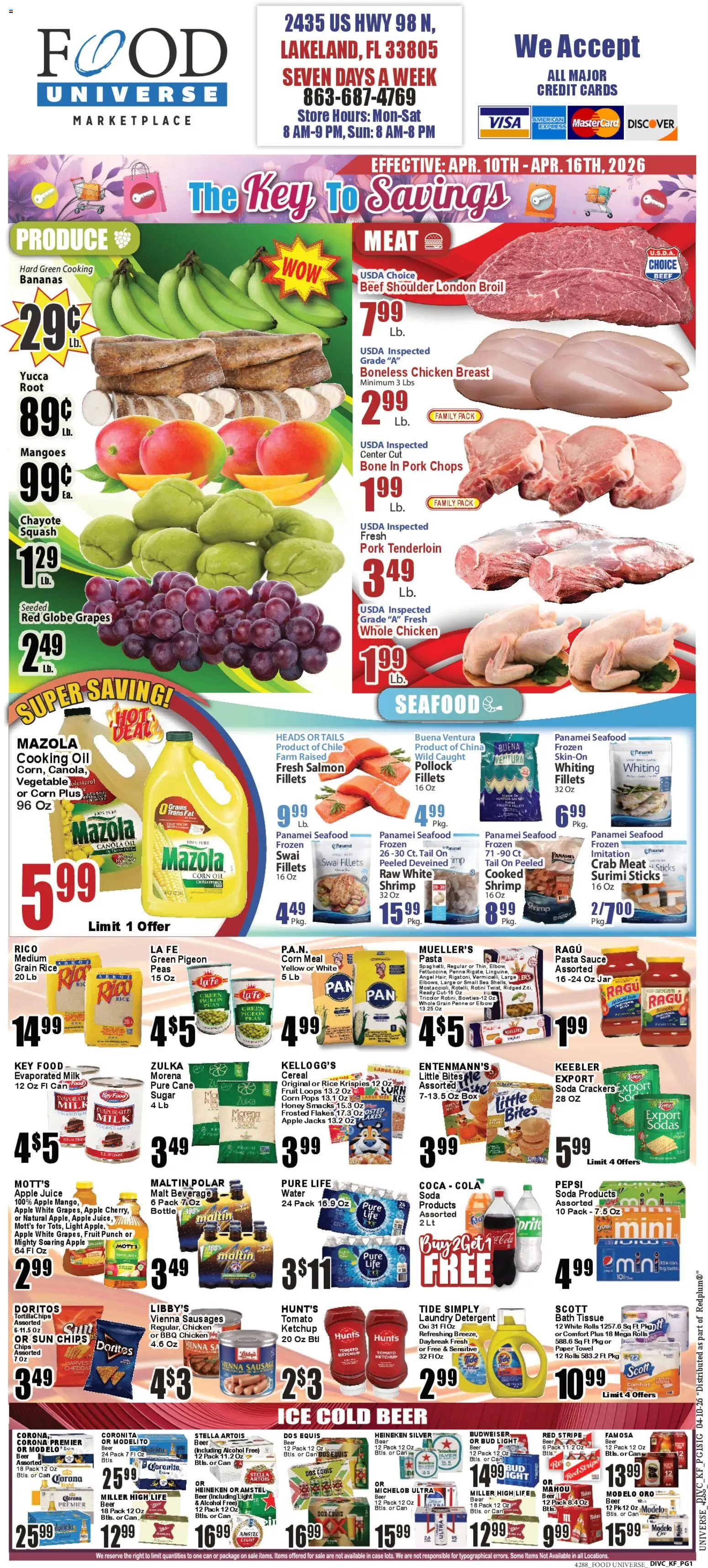 Ad Preview of Food Universe Food Universe Weekly Ad from 04/10/2026 - Water, Cereal, Meat, Sugar, Crackers, Pork, Pork tenderloin, Whole chicken