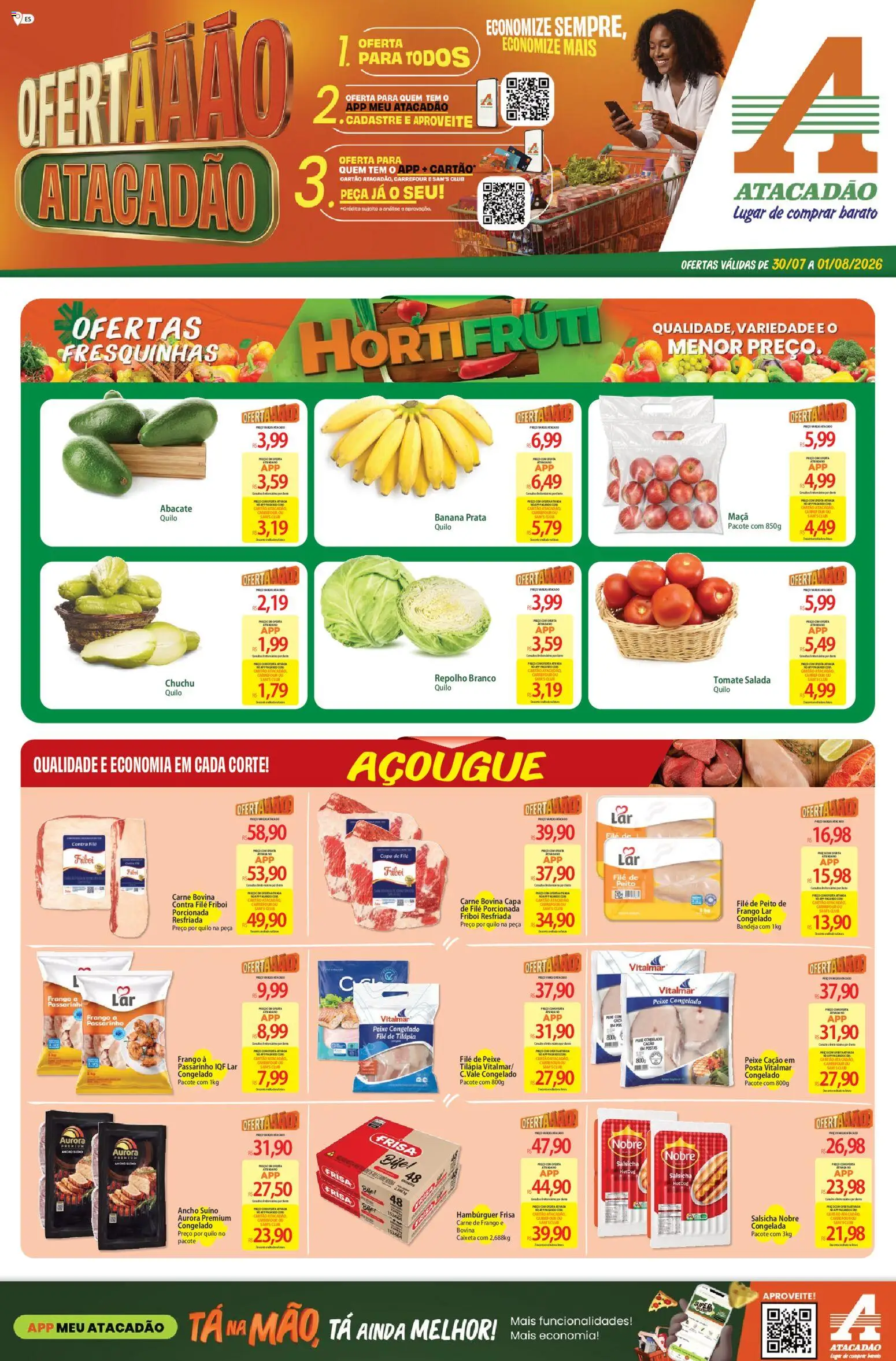 Pré-Visualização do folheto "Atacadão ofertas - ES" da loja Atacadão válido a partir de 30/07/2026 - Salsicha, Frango, Tomate, Abacate, Salada, Carne bovina, Filé de peixe, Carne de frango