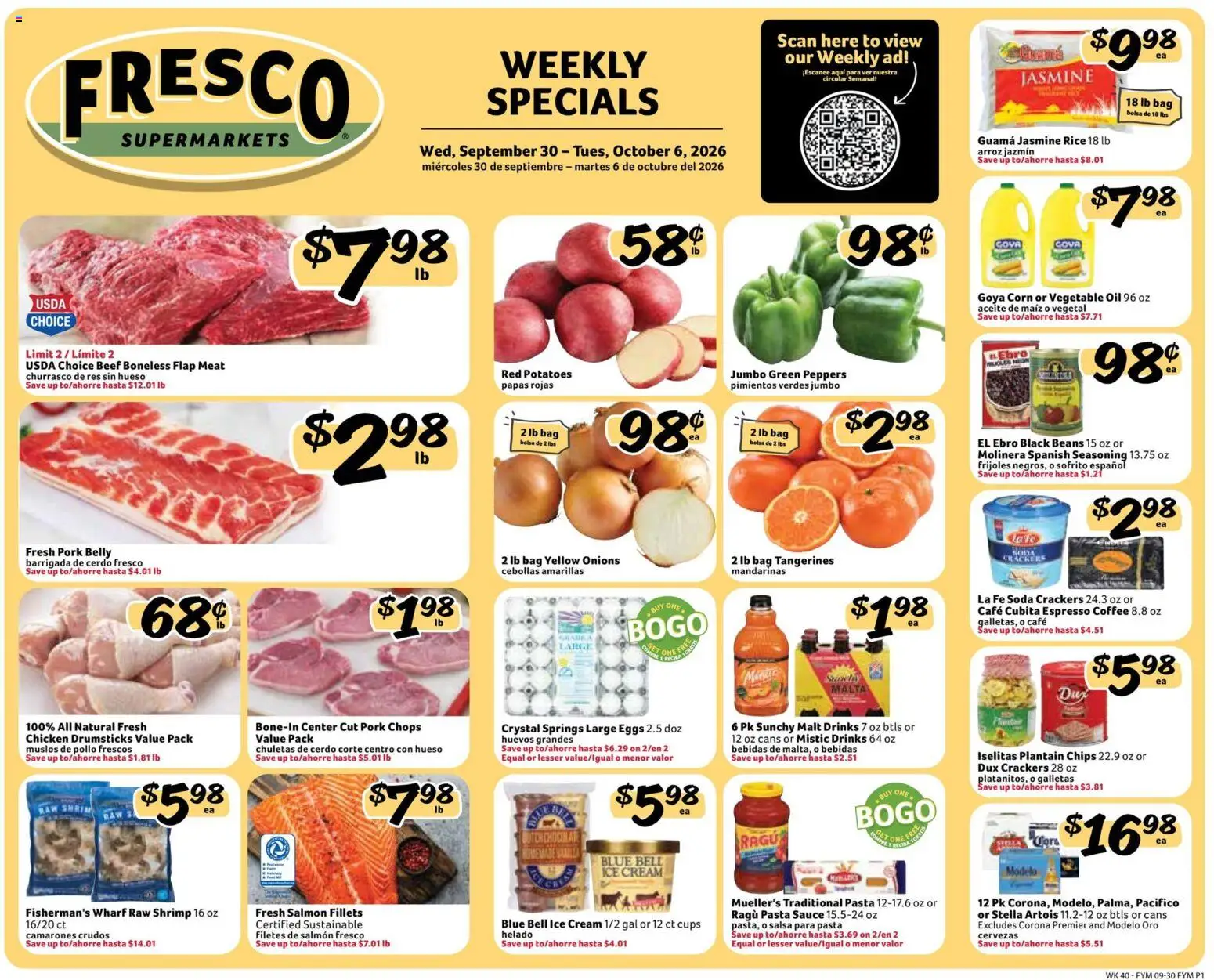Ad Preview of Fresco y Más Fresco y Más Weekly Ad from 09/30/2026 - Pasta, Potatoes, Salmon, Pork, Pork belly, Drumsticks, Fresh salmon, Chicken